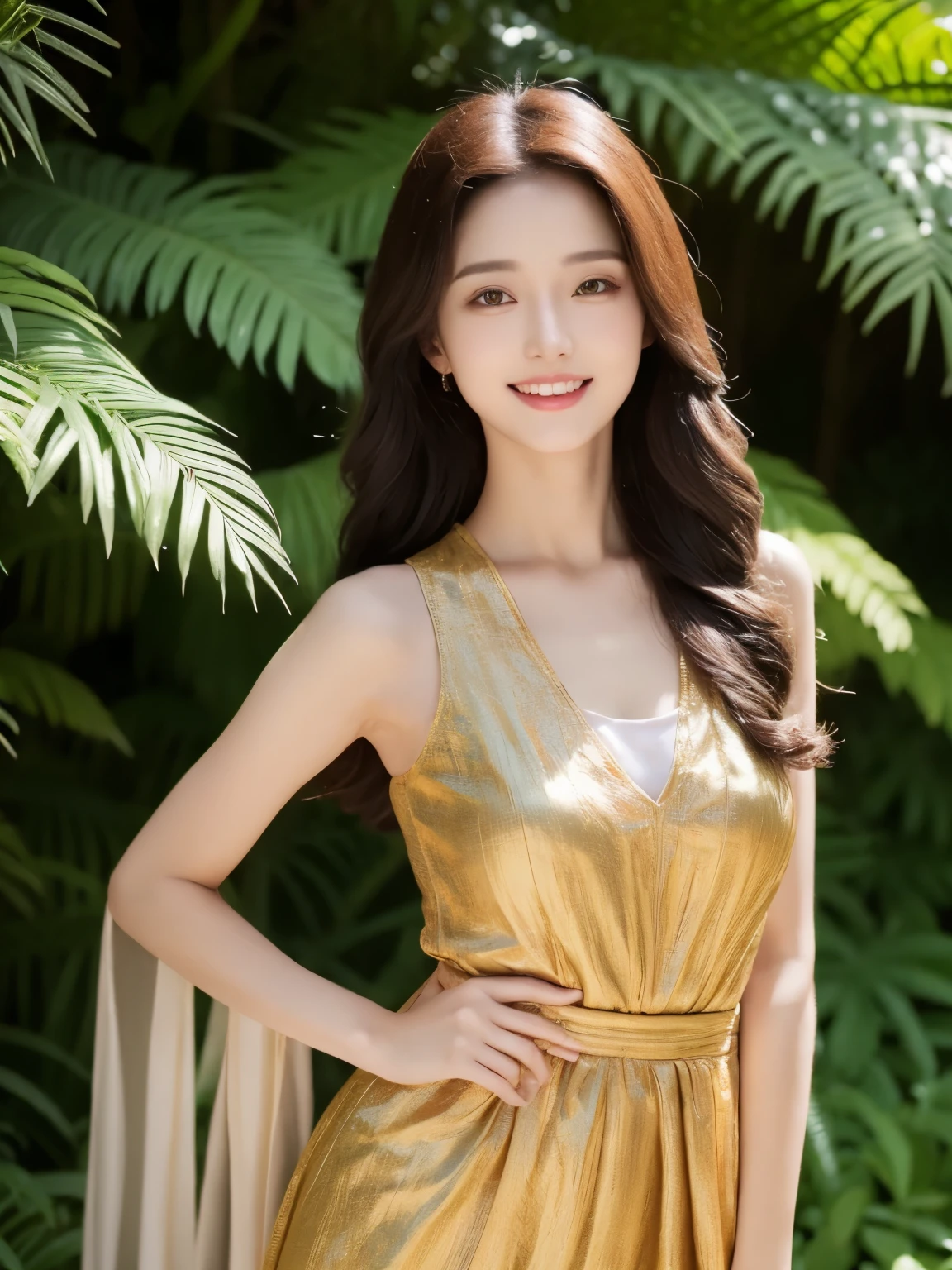 woman with a captivating smile, long flowing hair, elegant figure, stylish outfit, confident stance, standing in a lush garden, surrounded by vibrant flowers, tall trees casting dappled light and shadow, detailed eyes and lips, ultra-realistic rendering, vivid colors, professional artistry.