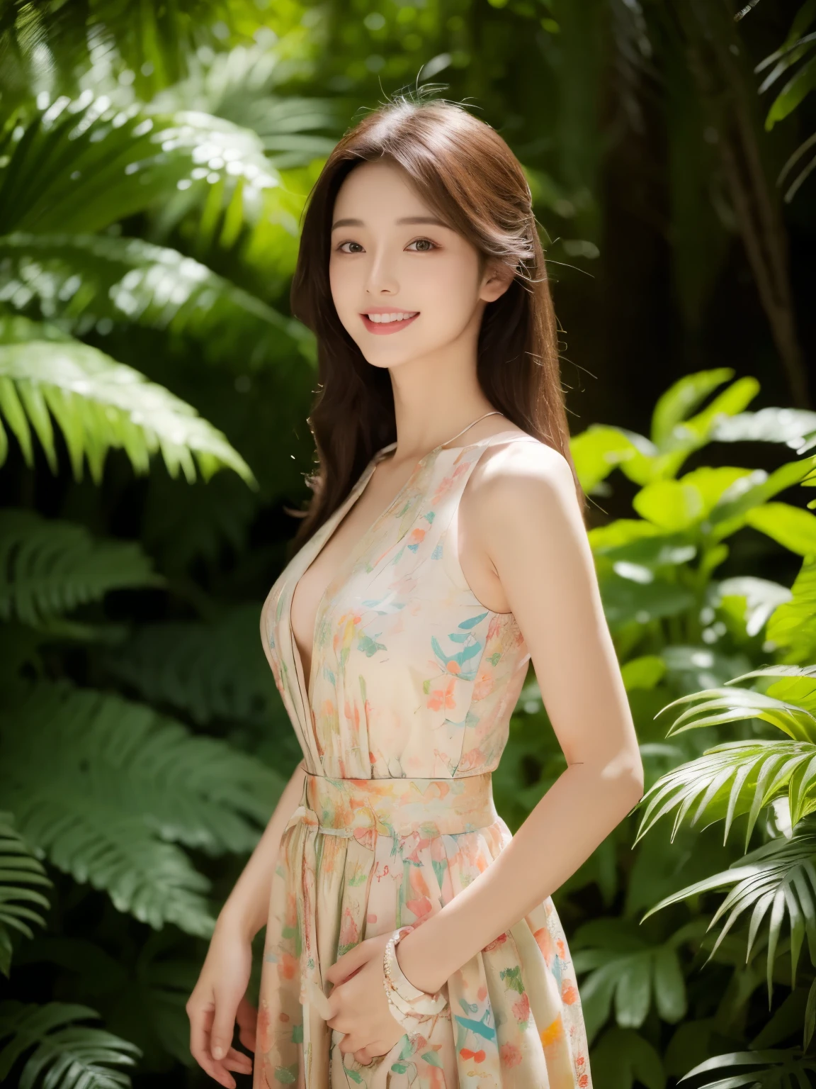 woman with a captivating smile, long flowing hair, elegant figure, stylish outfit, confident stance, standing in a lush garden, surrounded by vibrant flowers, tall trees casting dappled light and shadow, detailed eyes and lips, ultra-realistic rendering, vivid colors, professional artistry.