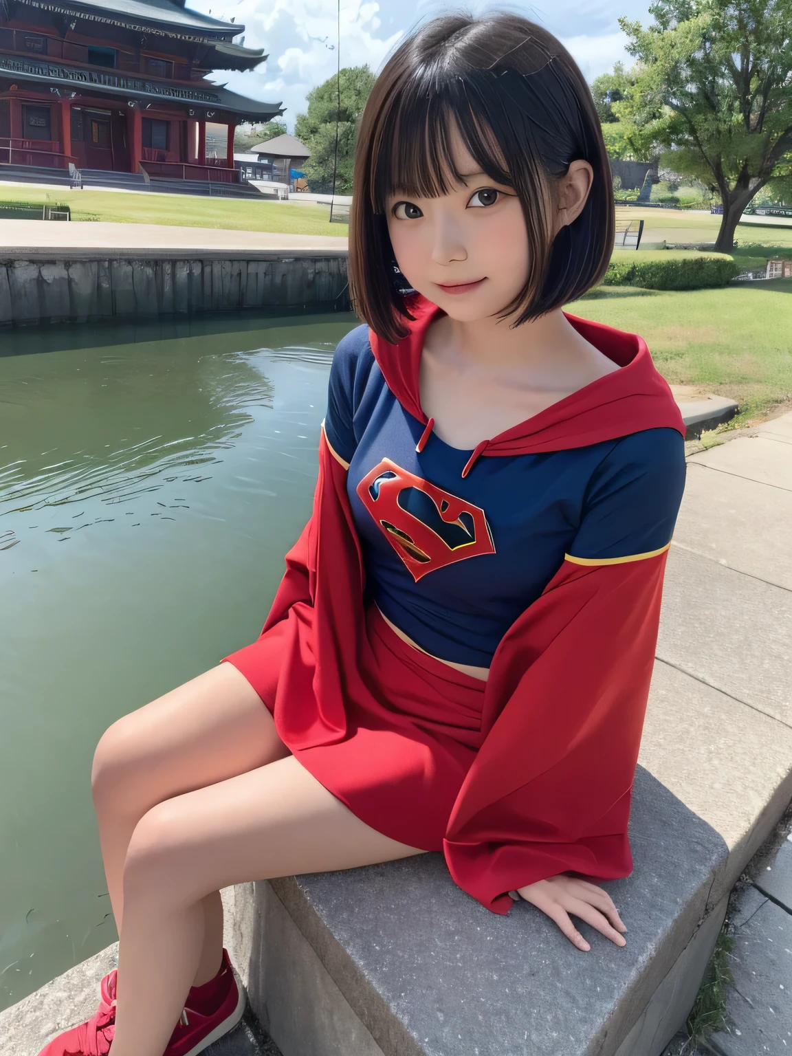 A very elementary school student is sitting wearing Supergirl clothes..、Spreading black hair、bob cut with trimmed ends、(flat chest)、con、Highest、red cloak、(whole body)、恥ずかしい
break, extremely fine transparency, (symmetrical eyes:1.3),
break, (temple, fishing bell:1.3),
break, (masterpiece, Highest品質, Super detailed, 8k)