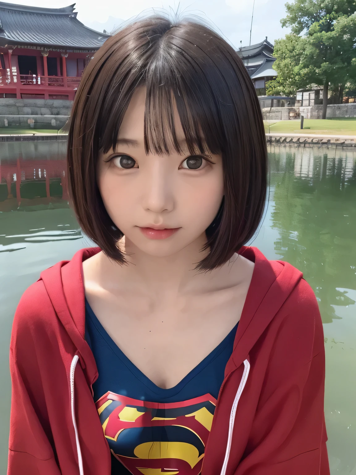 A very elementary school student wears Supergirl clothes and does squats.、pray、Spreading black hair、bob cut with trimmed ends、(flat chest)、lolicon、Highest、short sleeve、red cloak、(whole body)、embarrassing、10 years old、おしりが池に沈む
break, extremely fine transparency, (symmetrical eyes:1.3),
break, (temple, fishing bell:1.3),
break, (masterpiece, Highest品質, Super detailed, 8k)