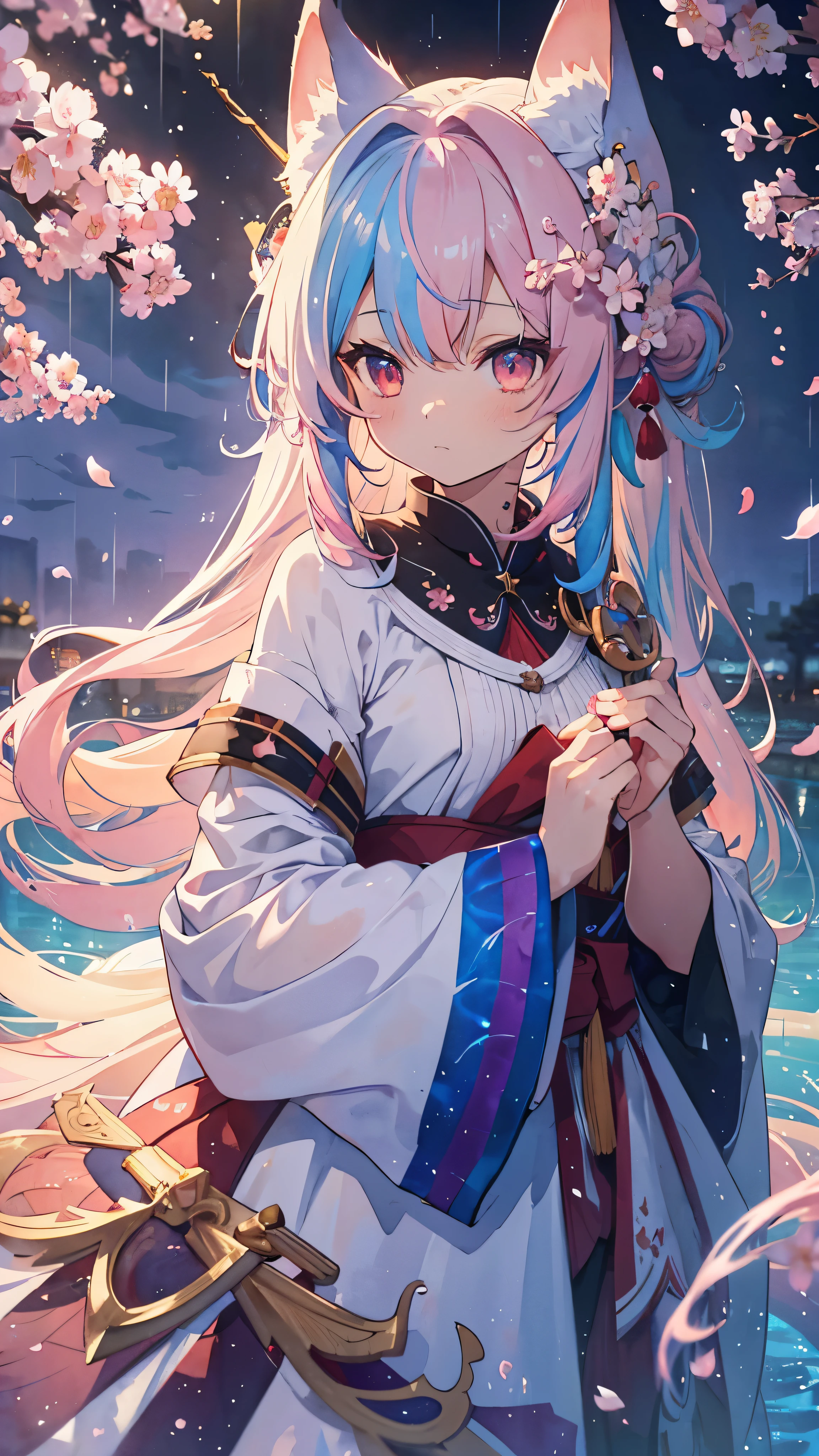 fox ears, fox tail, ( masterpiece、highest quality、highest quality、water彩画(curly)、official art、beautiful beautiful:1.2)、(1 girl:1.3)、(fractal art:1.3)、pattern、(rainbow colored hair、colorful hair、Half blue and half light pink hair:1.2)、water、liquid、 cloud、starry sky、performer、((rain)),(((Cherry Blossom))),
1 girl, alone, red eyes,white haired god,white long hair,headgear,best shadow, shallow depth of field, amazingly beautiful girl, , delicate, beautiful and attractive face, table top, highest quality,sprinkle with artistry