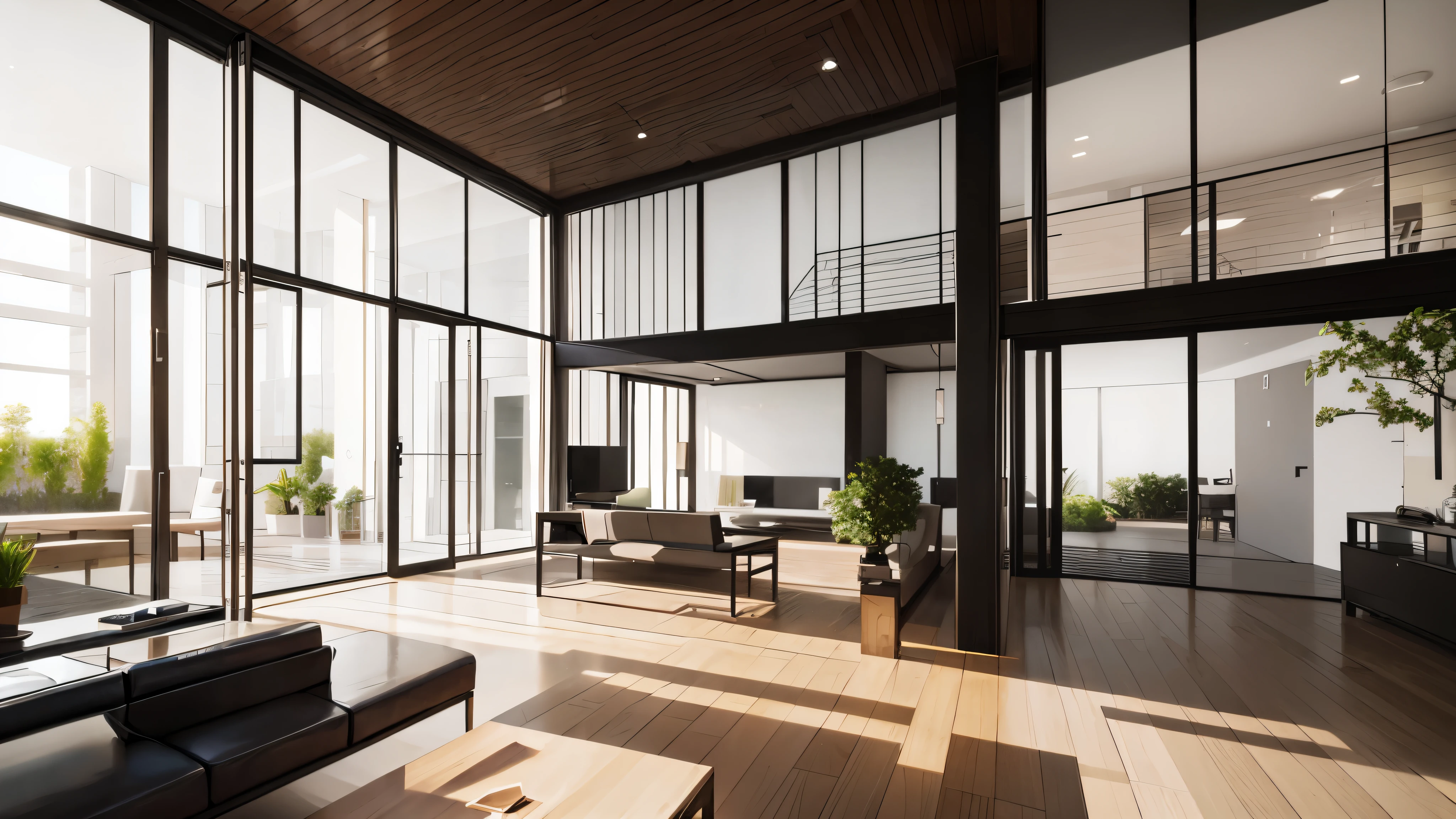 you are a famous interior designer、I was asked to create a 3D image of a large modern room.。. Create a harmonious environment with modern and minimalist furniture. Including garden interior.