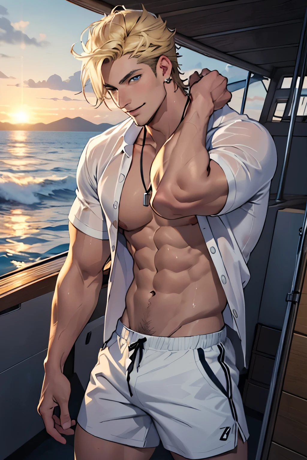 ((best quality)), ((Masterpiece)), (details), perfect face,high definition,Masterpiece,4k,details clearly,,,Handsome face,white skin,perfect body,male body,strong muscles,Abdomen muscles are wavy.,abdomen,blue eyes,white skin,The most handsome man in the world,handsome,,The coolest face,Male characters,Strong breasts,beautiful eyes,Look clearly...,short hair,Blonde hair,smile,happy face,kindness,perfect Body,Sixpack,Bright Skin,Healthy,shorts,Dark eyebrows,shirtless,Model,Bright lights,Posing,Happy,wet Skin,Yacht,on the Yacht,clear sky,Beautiful ocean,stand on boat,The wind is blowing,relexing,Good lips,Full HD,beautiful light,Sun light,focus body,muscular,beautiful eyes,V shape,perfect male face,handsome,sexy man,beach shirt,open shirt,windy,colorful outfits,male nacklace,piercing