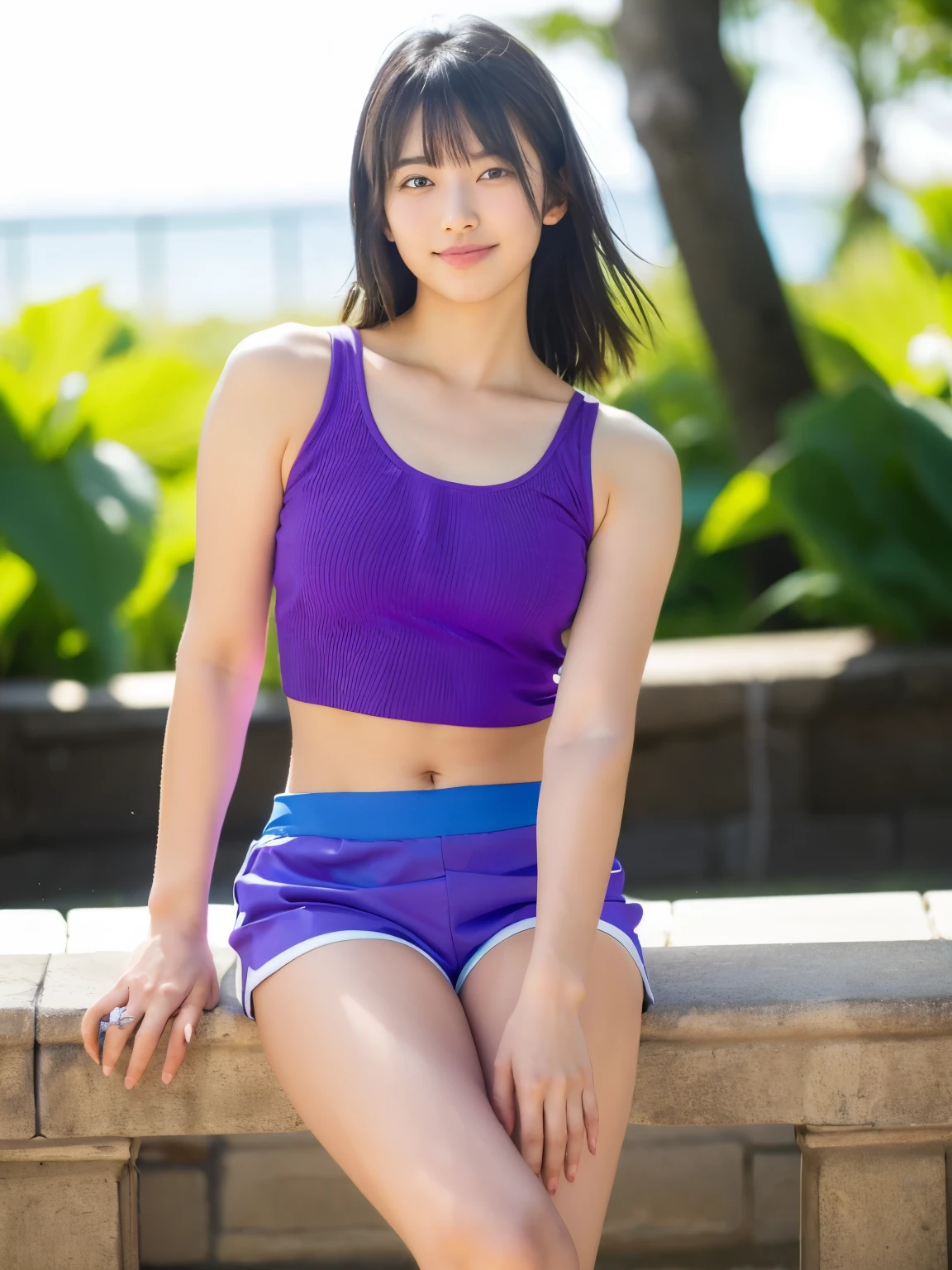 arafed asian woman in a purple tank top and blue shorts, violet tight tanktop, japanese model, model with attractive body, wearing a camisole, yasumoto oka, photo of slim girl model, kimi takemura, young skinny gravure idol, wearing a camisole and shorts, wearing tanktop, young gravure idol, soft natural light