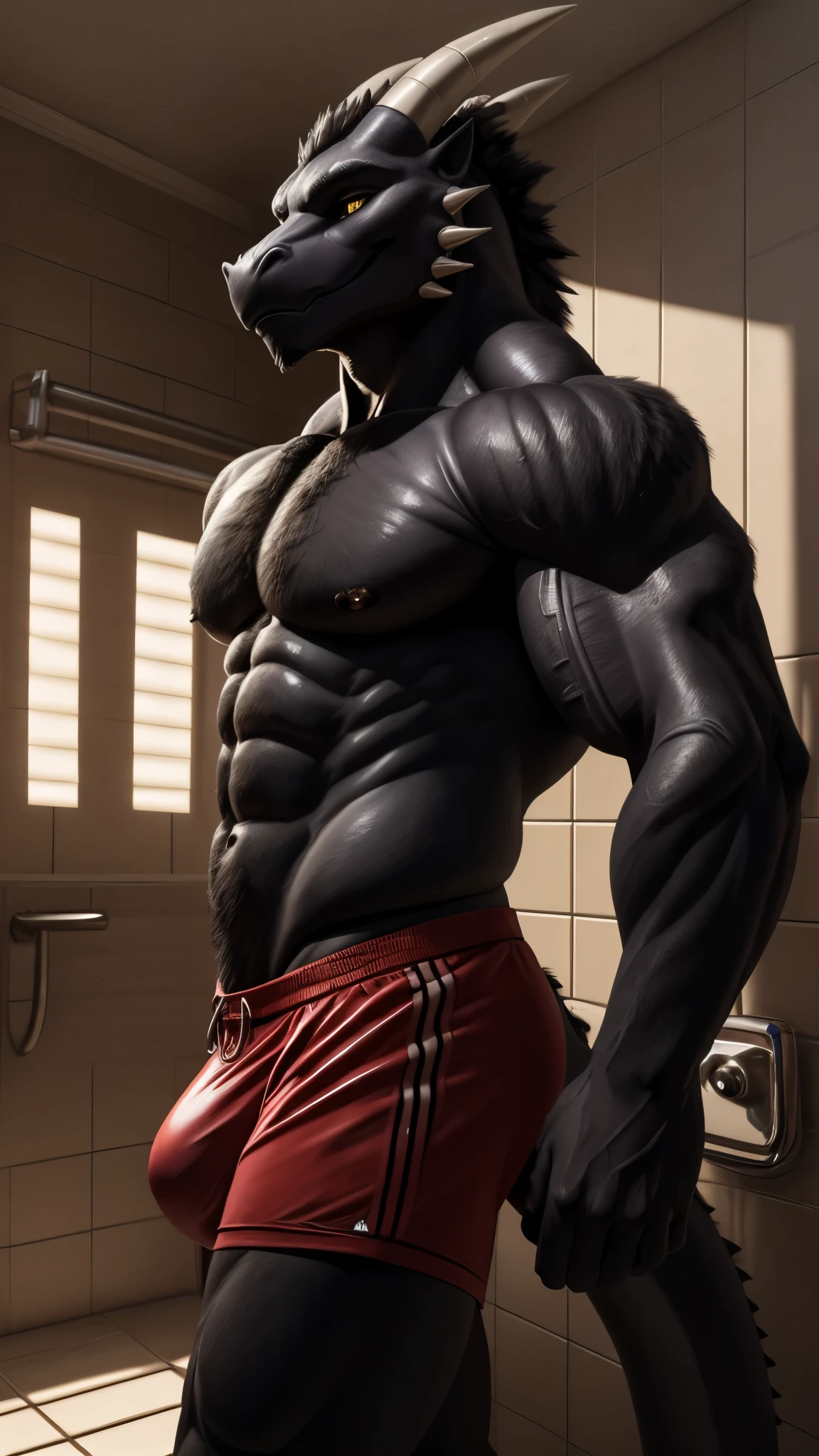 uploaded on e621.net, best quality, masterpiece, anthro, dragon, ((solo)), bathroom, muscles, buff, tall, standing, in Tight swimming trunks ( slightly off), detailed eyes, photorealistic, (black body) ((purple pectorial muscles, purple abs)), yellow eyes, big bulge, looking pleasured, (long tail), sweaty, steaming, (correct anatomy), blush, (high detail, 3D rendering, shading), creating a sense of (sexual tension), by kaynine, chunie, darkgem