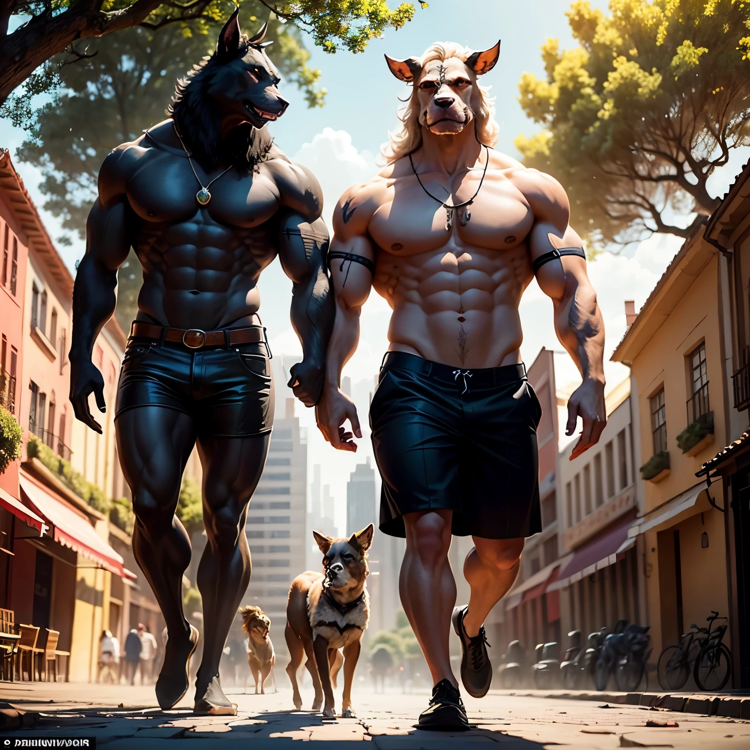Image with a huge text "LOS PERROS FALDEROS" Craft a highly realistic scene set in a park in Bogotá, Colombia, where a very tall person, symbolizing a sense of protection and companionship, is walking a group of unique Minotaur with human-like faces. These Minotaurs showcasing diverse human expressions, are directly engaging with the camera. They vary in breed and size, embodying both intelligence and curiosity. The backdrop prominently features the distinctive architecture and urban landscape of Bogotá, with its characteristic buildings, Andean mountains in the distance, and lush local vegetation. The scene is bathed in the soft light of late afternoon, creating a serene atmosphere that beautifully merges the everyday urban scene with the fantastical elements of the Minotaurs