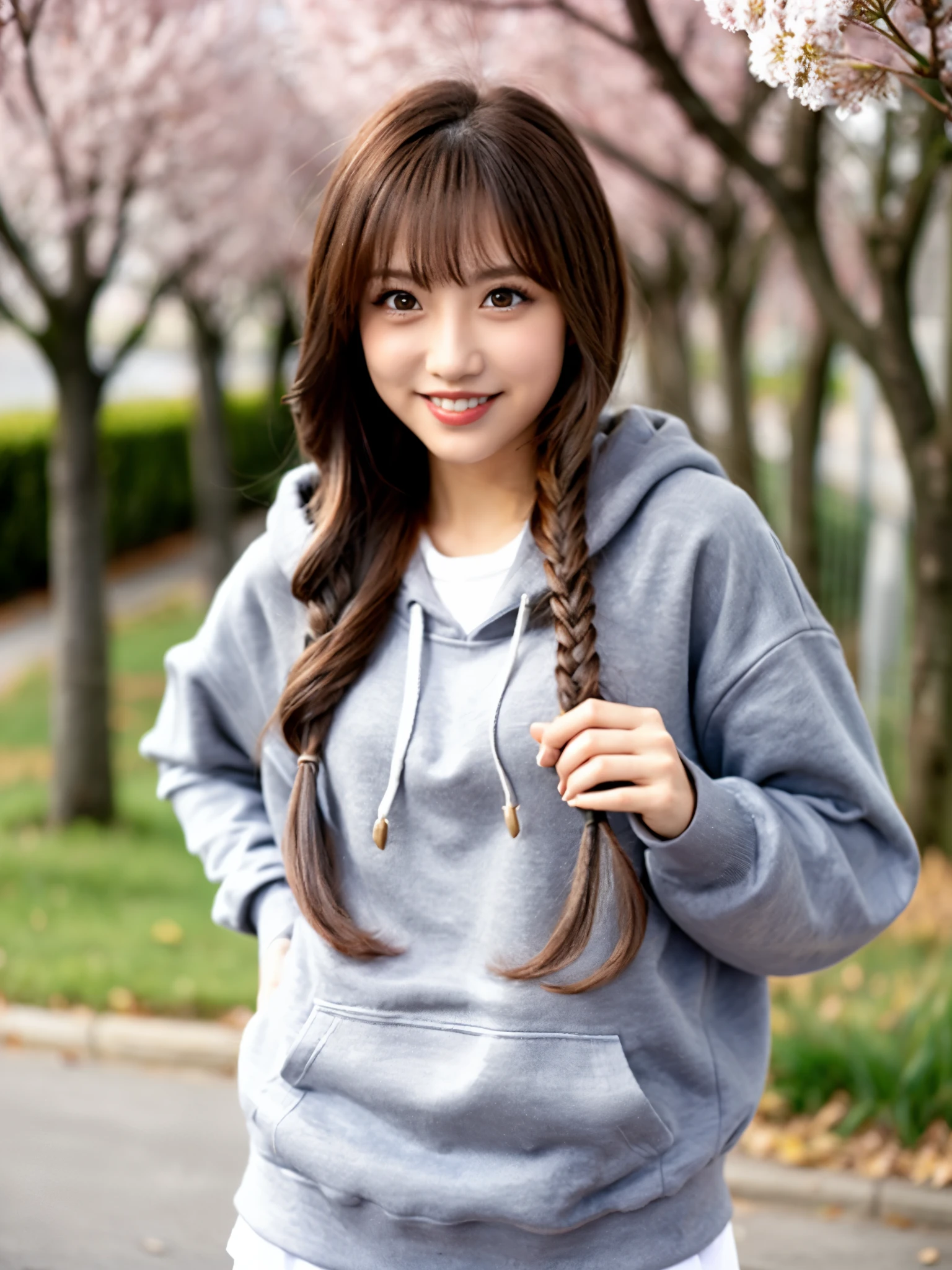 (Raw photo,realisitic, Photorealsitic: 1.4, masterpiece, best quality), 8K, 1 Beautiful Japanese gal, solo, 20years old, Charming Smile, Pretty Medium breasts, Beautiful detailed round eyes, Drooping Eyes1.4, Long blonde hair, wavy hair, (Highly Detailed Face and Skin Texture), dark skin, ndge, wearing a oversized gray hoodie, short skirt, row of cherry trees, day, sunny day, full body, random charming posing, (looking at viewer:1.4)