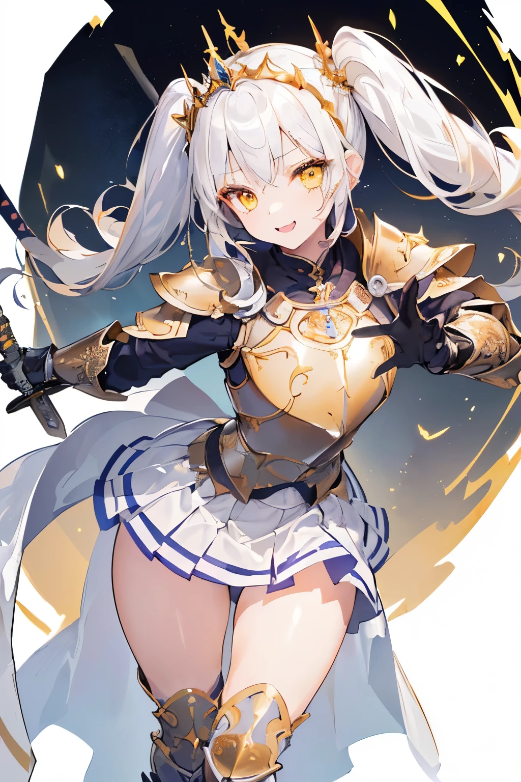 (((((1girl))))), ((best quality)), ((masterpiece)), ((ultra-detailed)), (illustration), (detailed light), (an extremely delicate and beautiful), (beautiful detailed eyes), (sunlight), ((extremely light)), ((extremely clothes)), (((hyper detail))),(((((front lighting))))),(((((front light))))),

 ((((quite adorable metal Armor with a brief skirt and tiara and Robe)))), 
(((Grand Master Knight))), 

(((high twin pig tails))), ((((white sliver hair)))), 
 (((yellow gold eyes))), 

((((whole body)))), aged 5 to 8, ((((very adorable young girl)))), ((condescending expression)), ((mischievous smile with sexual satisfaction)), (((extra adorable))), (((((extra slender shape))))), (((((extremely beautiful detailed face))))), 
(((dynamically attacking enemies with a western-sword))), (((with a sword))),

(((elegant magic boots))), (Dutch angle), (((elegant magic gloves))), ((transparent magical underskirt)), (a little bit exposed adorable magical panties)