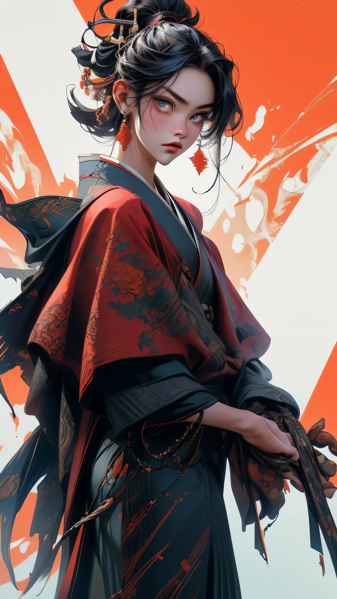 (((Spectacular))), (((gritty))), (((Riveting))) The film advertisement showcases a youthful (JAPANESE SAMURAI) at the forefront. She confidently stands at the center of the image, adorned in cutting-edge attire, sporting a resolute countenance. The backdrop exudes darkness and intensity, evoking a palpable sense of peril and vigor. The text, bold and captivating, boasts compelling phrases that heighten the overall drama and thrill. The color scheme is dominated by deep hues, punctuated with vibrant accents. The protagonist, primarily depicted as a girl with snowy hair and crimson eyes, lends dynamism and visual allure to the advertisement. tachi-e (Publications:1.3), (Magazine-style:1.3), Trendy, lady, lively, Ensemble, striking a pose on a, Front, richly colorful, dynamic, Background featuring, element within, self-confident, Conveying the, bodice, declaration, Attachment, An imposing, spiral, , Touching groin area, Sequences, script, Cover of a, assertiveness, eye-catching, headings, Trendy, typography, Engaging, headings, larger, Chic, modern, Cutting-edge, Focus-on, Trendy.
