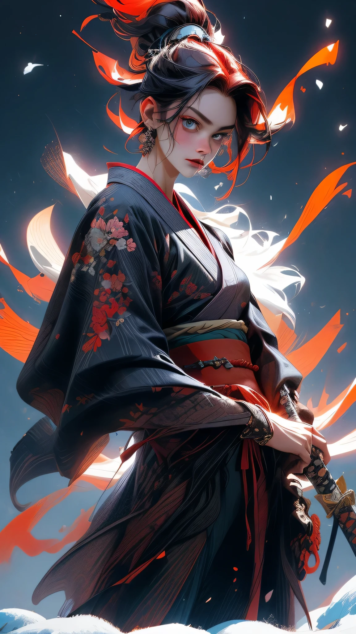 (((Spectacular))), (((gritty))), (((Riveting))) The film advertisement showcases a youthful (JAPANESE SAMURAI) at the forefront. She confidently stands at the center of the image, adorned in cutting-edge attire, sporting a resolute countenance. The backdrop exudes darkness and intensity, evoking a palpable sense of peril and vigor. The text, bold and captivating, boasts compelling phrases that heighten the overall drama and thrill. The color scheme is dominated by deep hues, punctuated with vibrant accents. The protagonist, primarily depicted as a girl with snowy hair and crimson eyes, lends dynamism and visual allure to the advertisement. tachi-e (Publications:1.3), (Magazine-style:1.3), Trendy, lady, lively, Ensemble, striking a pose on a, Front, richly colorful, dynamic, Background featuring, element within, self-confident, Conveying the, bodice, declaration, Attachment, An imposing, spiral, , Touching groin area, Sequences, script, Cover of a, assertiveness, eye-catching, headings, Trendy, typography, Engaging, headings, larger, Chic, modern, Cutting-edge, Focus-on, Trendy.