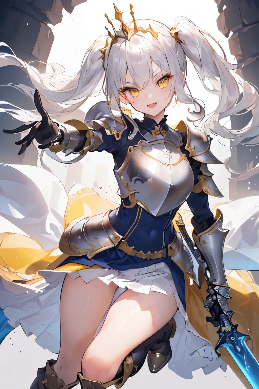 (((((1girl))))), ((best quality)), ((masterpiece)), ((ultra-detailed)), (illustration), (detailed light), (an extremely delicate and beautiful), (beautiful detailed eyes), (sunlight), ((extremely light)), ((extremely clothes)), (((hyper detail))),(((((front lighting))))),(((((front light))))),
((((quite adorable metal Armor with a brief skirt and tiara and Robe)))),
(((Grand Master Knight))),
(((high twin pig tails))), ((((white sliver hair)))),
(((yellow gold eyes))),
((((whole body)))), aged 5 to 8, ((((very adorable young girl)))), ((condescending expression)), ((mischievous smile with sexual satisfaction)), (((extra adorable))), (((((extra slender shape))))), (((((extremely beautiful detailed face))))),
(((dynamically attacking enemies with a western-sword))), (((with a sword))),
(((elegant magic boots))), (Dutch angle), (((elegant magic gloves))), ((transparent magical underskirt)), (a little bit exposed adorable magical panties)