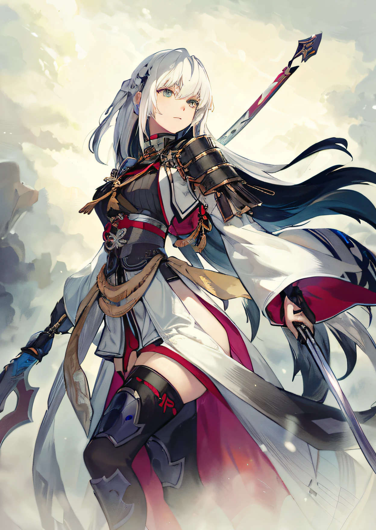 Close-up of a woman holding a sword in a cloudy sky, white-haired god, From Arknights, Female action anime girl, rogue anime girl, female anime character, Ayaka Genshin impact, Katana Zero video game character, onmyoji, Anime character art, Best anime 4k konachan wallpaper