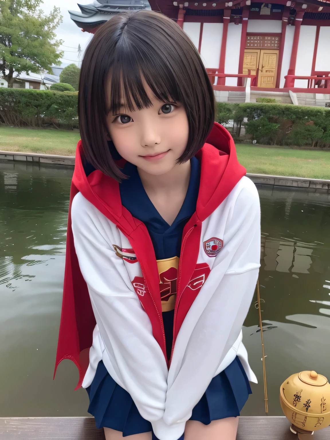 Elementary school student squats in a pond wearing Supergirl clothes.、pray、Spreading black hair、bob cut with trimmed ends、(flat chest)、lolicon、Highest、short sleeve、red cloak、(whole body)、embarrassing、10 years old、
break, extremely fine transparency, (symmetrical eyes:1.3),
break, (temple, fishing bell:1.3),
break, (masterpiece, Highest品質, Super detailed, 8k)