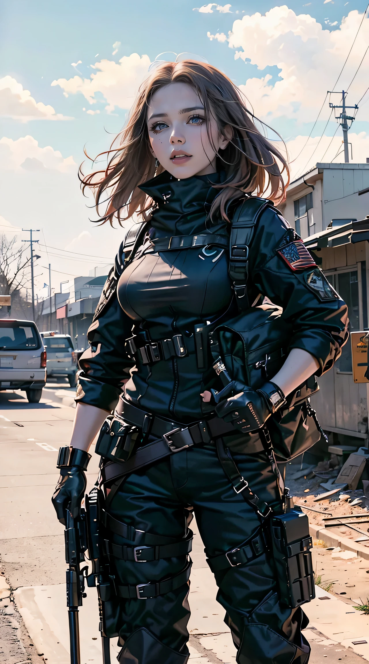 (masterpiece),(8k),(Super detailed),(High resolution),(Scarlett Johansson aiming with an assault rifle),(Let me'Let's take a look at the tourist spots:1.3),close one eye,(Crouch and raise assault rifle:1.2), alone, frontage, full body drawing,military helmet,special forces black uniform,black long pants,combat gloves,rucksack,black tactical vest,The background is a collapsed wall,detailed gun drawings