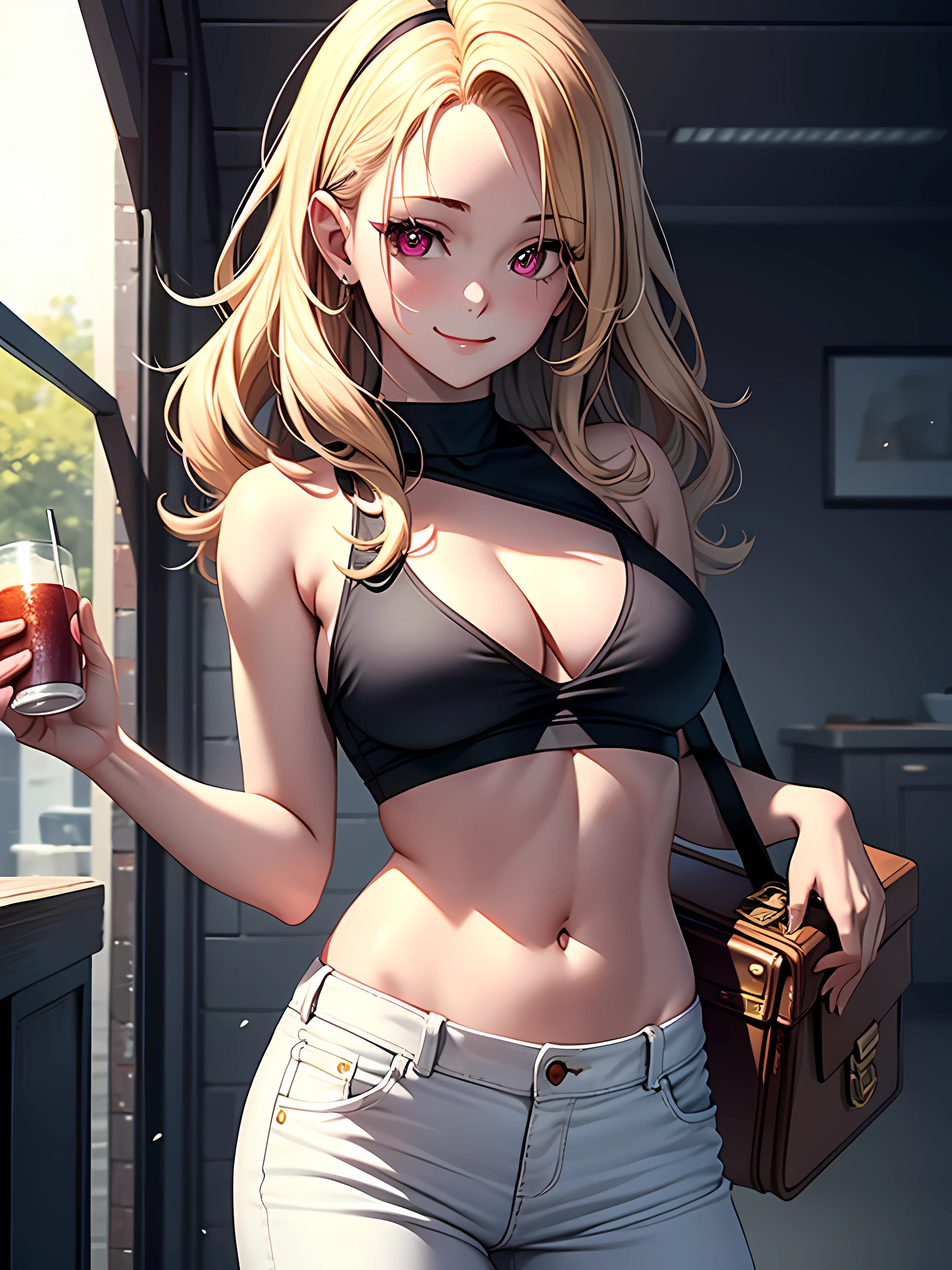 high resolution,high resolution,best quality,HD,soft light,romantic lighting,a woman,mature women,White trousers,crop top,bare shoulders ,navel ,abdomen, Ordinary treasure chest,long hair,wavy hair,blond,pink eyes,comb your hair back,forehead,see forehead,flowing hair, diaphragm , crop top , black crop top,Red neckline,split ,Smile,look at the audience ,from the front ,Front view ,Permanently installed,stand at attention,stand up straight,three quarter portrait,Draw the top of the thighs and the bottom of the head,Holding briefcase in hand,Portable