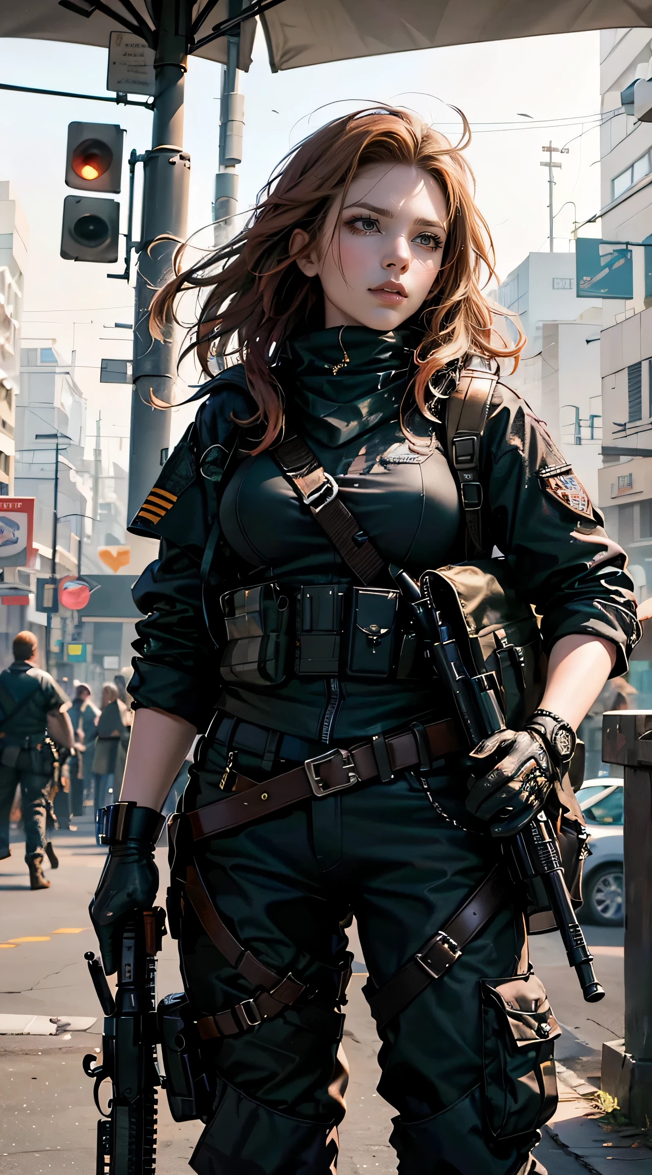 (masterpiece),(8k),(Super detailed),(High resolution),(Scarlett Johansson aiming with an assault rifle),(Let me'Let's take a look at the tourist spots:1.3),close one eye,(Crouch and raise assault rifle:1.2), alone, frontage, full body drawing,military helmet,special forces black uniform,black long pants,combat gloves,rucksack,black tactical vest,The background is a collapsed wall,detailed gun drawings
