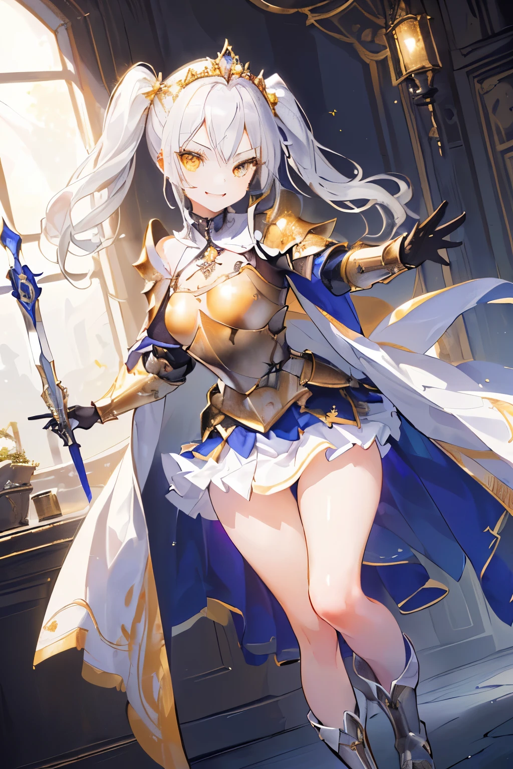(((((1girl))))), ((best quality)), ((masterpiece)), ((ultra-detailed)), (illustration), (detailed light), (an extremely delicate and beautiful), (beautiful detailed eyes), (sunlight), ((extremely light)), ((extremely clothes)), (((hyper detail))),(((((front lighting))))),(((((front light))))),

 ((((quite adorable metal Armor with a brief skirt and tiara and Robe)))), 
(((Grand Master Knight))), 

(((high twin pig tails))), ((((white sliver hair)))), 
 (((yellow gold eyes))), 

((((whole body)))), aged 5 to 8, ((((very adorable young girl)))), ((condescending expression)), ((mischievous smile with sexual satisfaction)), (((extra adorable))), (((((extra slender shape))))), (((((extremely beautiful detailed face))))), 
(((dynamically attacking enemies with a western-sword))), (((with a sword))),

(((elegant magic boots))), (Dutch angle), (((elegant magic gloves))), ((transparent magical underskirt)), (a little bit exposed adorable magical panties)