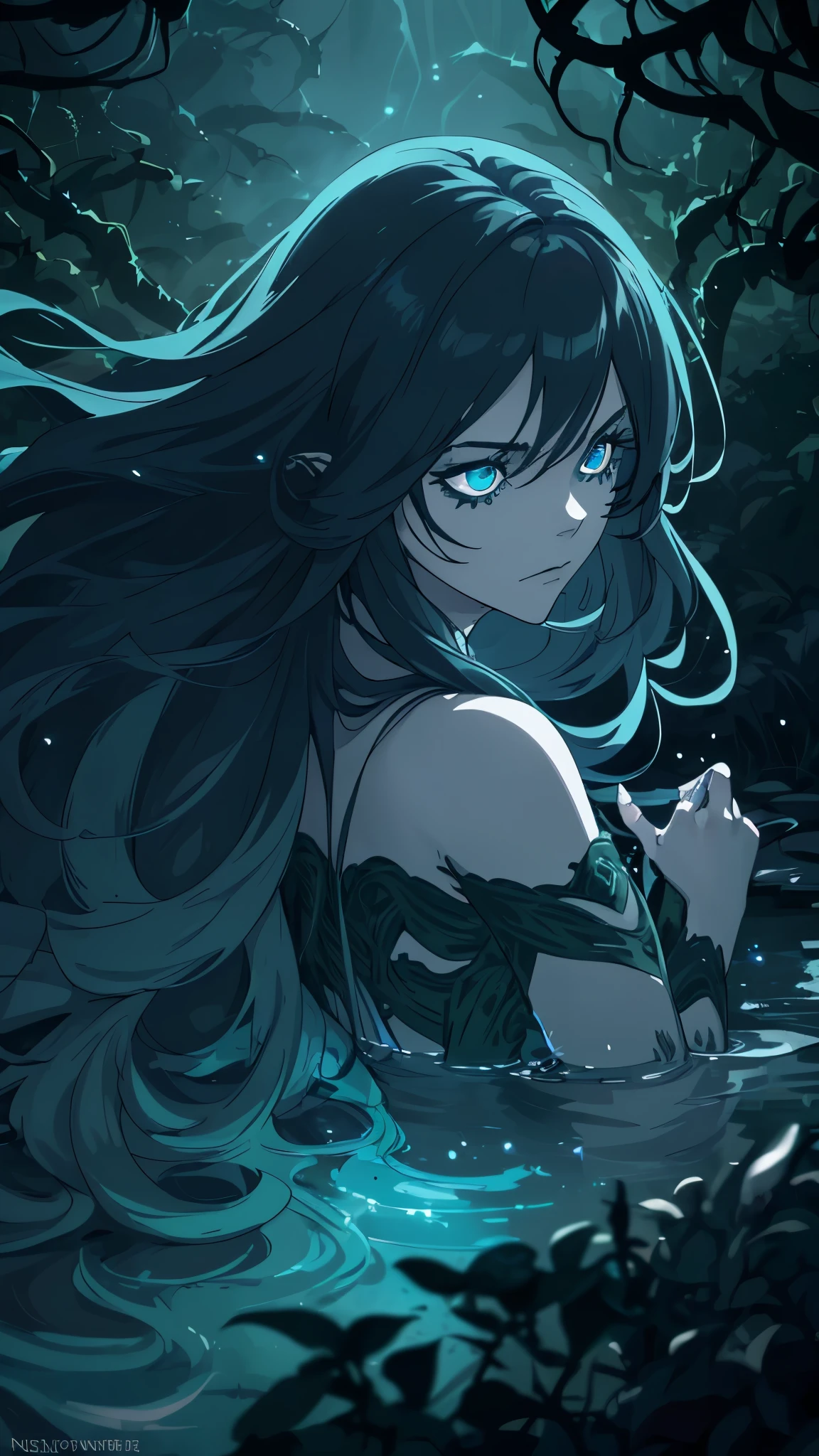 zrpgstyle, from_side from_below beautiful scary woman made of water (sadness expression:1.2) woman with (long water hair:1.2) rising out of the water moss smoke vines churning water fireflies midnight moonlight backlight (masterpiece:1.2) (best quality) (detailed) (intricate) (8k) (HDR) (wallpaper) (cinematic lighting) (sharp focus)