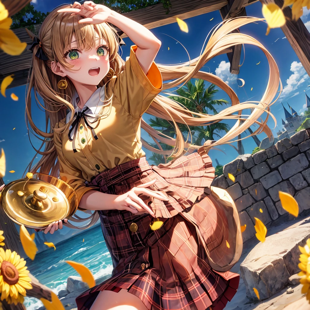 reddish-brown blonde、green eyes、one good looking girl、solo、anime、plaid mini skirt、the skirt has buttons、camisole、black t-shirt、dress、wearing a ribbon、ribbon at waist、cloak、hood、clouds are swirling、stone slabs are piled up、one hand raised、crystal earrings、sun、gold coins are falling、teeth are visible、splash of water、monster castle、have a world map、bow、Swing、ceiling、frying pan、graffiti、scarecrow、heart
