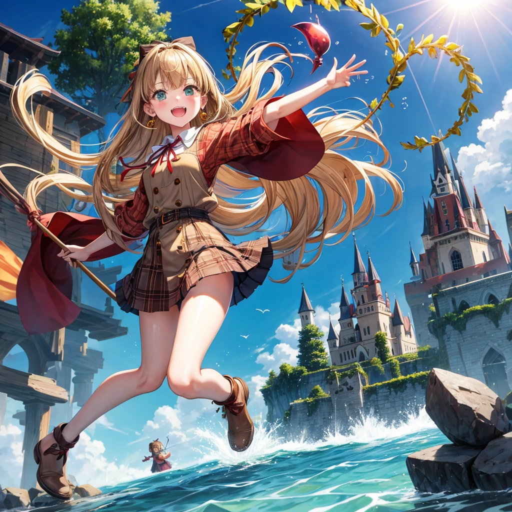 reddish-brown blonde、green eyes、one good looking girl、solo、anime、plaid mini skirt、the skirt has buttons、camisole、black t-shirt、dress、wearing a ribbon、ribbon at waist、cloak、hood、clouds are swirling、stone slabs are piled up、one hand raised、crystal earrings、sun、gold coins are falling、teeth are visible、splash of water、monster castle、have a world map、bow、Swing、ceiling、frying pan、graffiti、scarecrow、heart