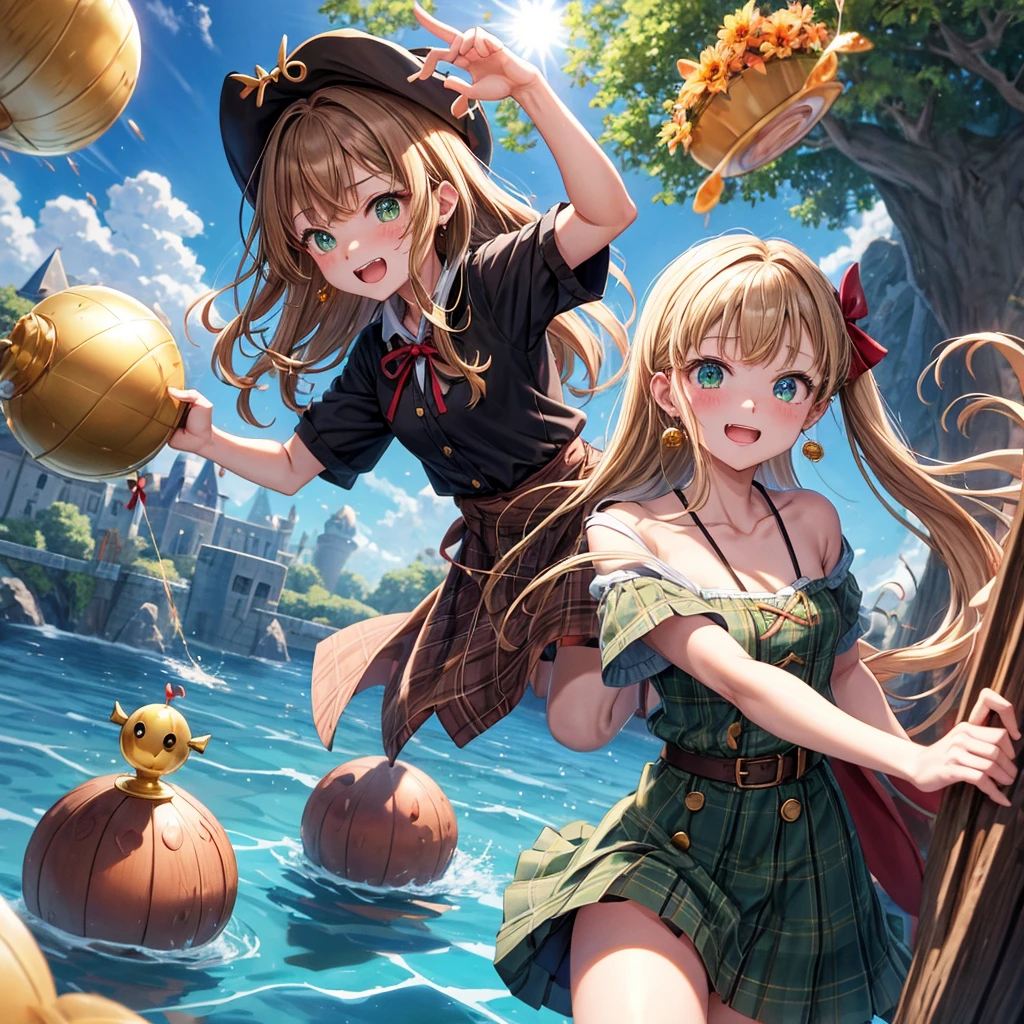 reddish-brown blonde、green eyes、one good looking girl、solo、anime、plaid mini skirt、the skirt has buttons、camisole、black t-shirt、dress、wearing a ribbon、ribbon at waist、cloak、hood、clouds are swirling、stone slabs are piled up、one hand raised、crystal earrings、sun、gold coins are falling、teeth are visible、splash of water、monster castle、have a world map、bow、Swing、ceiling、frying pan、graffiti、scarecrow、heart