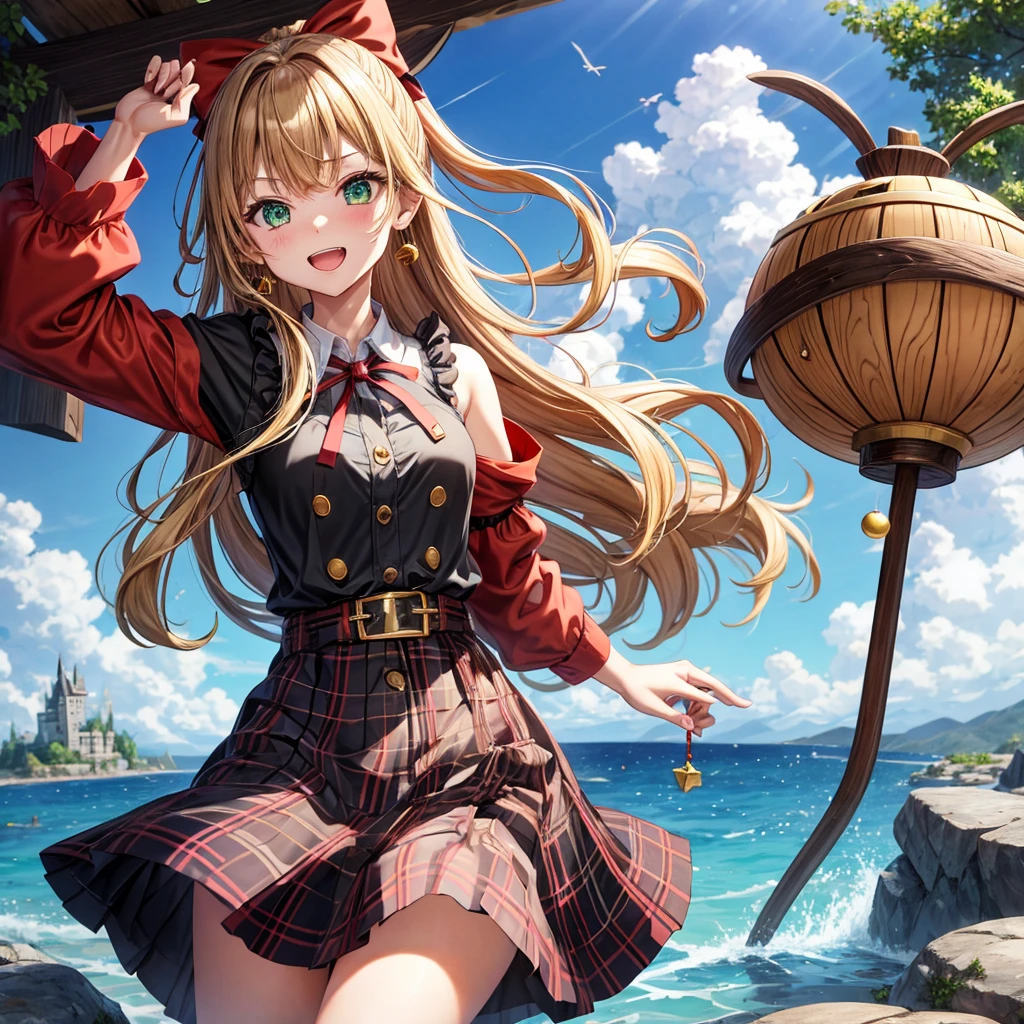 reddish-brown blonde、green eyes、one good looking girl、solo、anime、plaid mini skirt、the skirt has buttons、camisole、black t-shirt、dress、wearing a ribbon、ribbon at waist、cloak、hood、clouds are swirling、stone slabs are piled up、one hand raised、crystal earrings、sun、gold coins are falling、teeth are visible、splash of water、monster castle、have a world map、bow、Swing、ceiling、frying pan、graffiti、scarecrow、heart