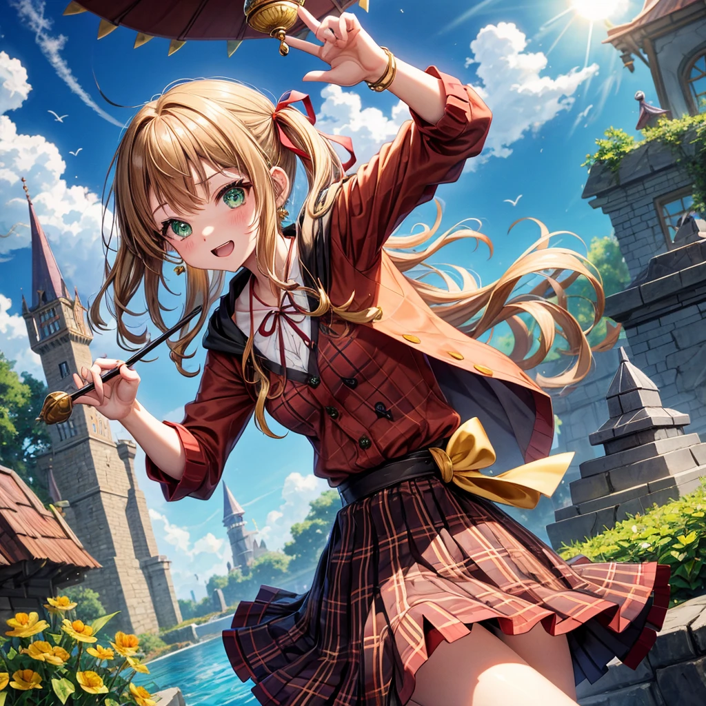 reddish-brown blonde、green eyes、one good looking girl、solo、anime、plaid mini skirt、the skirt has buttons、camisole、black t-shirt、dress、wearing a ribbon、ribbon at waist、cloak、hood、clouds are swirling、stone slabs are piled up、one hand raised、crystal earrings、sun、gold coins are falling、teeth are visible、splash of water、monster castle、have a world map、bow、Swing、ceiling、frying pan、graffiti、scarecrow、heart