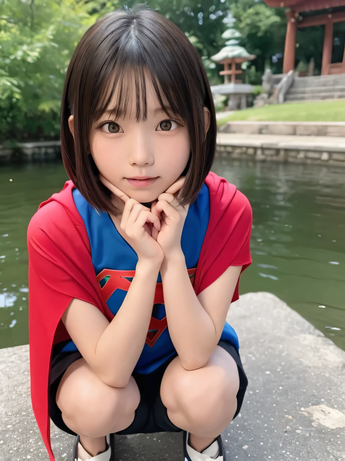 Elementary school student squats in a pond wearing Supergirl clothes.、pray、Spreading black hair、bob cut with trimmed ends、(flat chest)、con、Highest、short sleeve、red cloak、(whole body)、embarrassing、10 yeak, extremely fine transparency, (symmetrical eyes:1.3),
break, (temple, fishing bell:1.3),
break, (masterpiece, Highest品質, Super detailed, 8k)