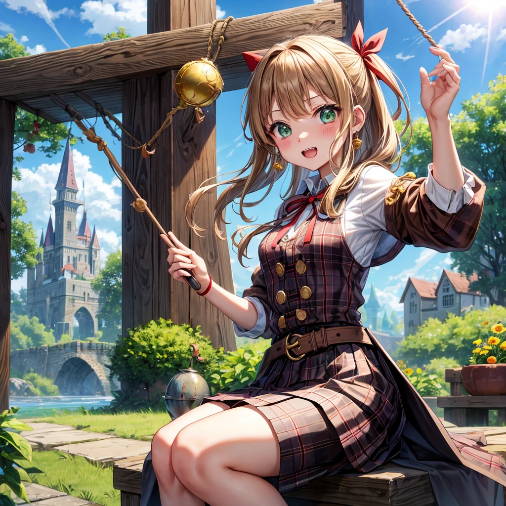 reddish-brown blonde、green eyes、one good looking girl、solo、anime、plaid mini skirt、the skirt has buttons、camisole、black t-shirt、dress、wearing a ribbon、ribbon at waist、cloak、hood、clouds are swirling、stone slabs are piled up、one hand raised、crystal earrings、sun、gold coins are falling、teeth are visible、splash of water、monster castle、have a world map、bow、Swing、ceiling、frying pan、graffiti、scarecrow、heart