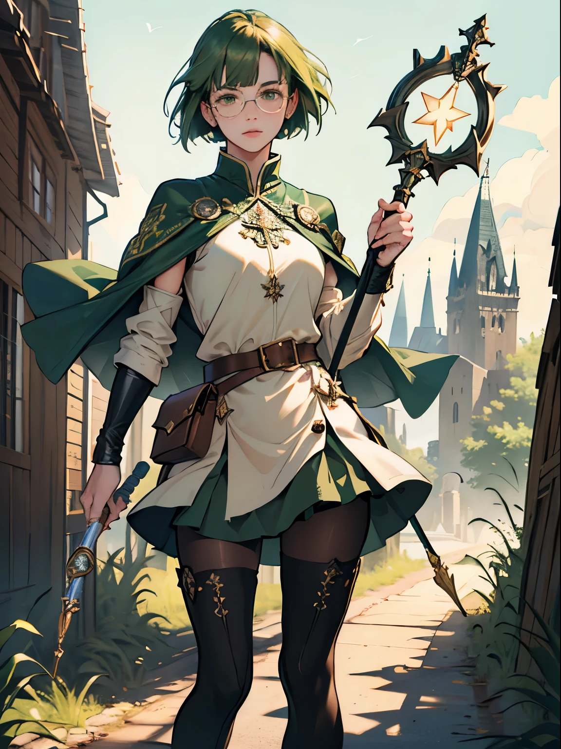 masterpiece, ultra detailed, 8k portrait, RAW photo, portrait photography, highly detailed face, beautiful and meticulous eyes, ((Fantasy)), Young beautiful, , (((girl))), dynamic pose, (((deep green bob hair))), blunt bangs, White skin color, glasses, Luxury, (((tunic and short skirt))), (((brown cape))), (((little waist hip pouch))), (((dark thigh high tights))), high cut leather boots, ((holding long magical staff)), Midday Sun, hyper realistic, slender body, flat chest, Long legs, on the medieval road, Ambient lighting, Shadow details , Camera focus on face, strong breeze, Light fog