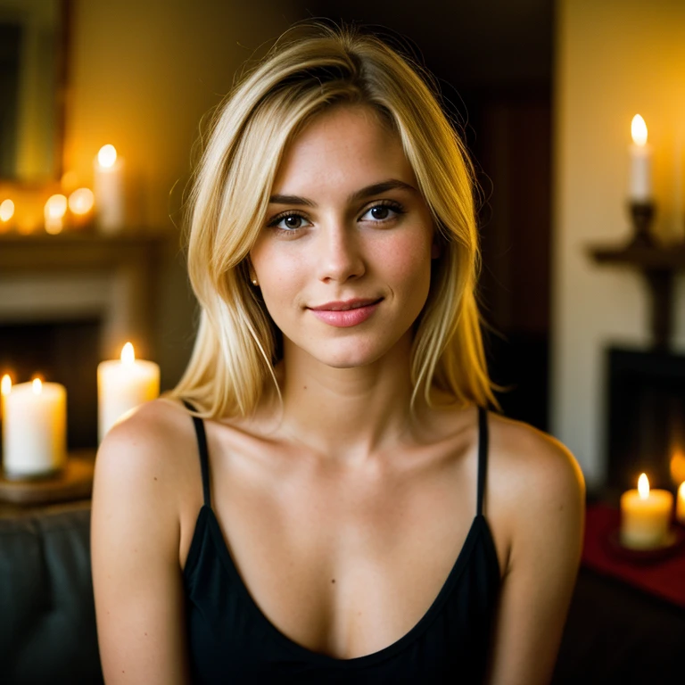 photograph of a woman, (happy facial expression), textured skin, goosebumps, blonde hair, black tank top, cowboy shot, bright and lively, inside living room, perfect eyes, (candlelight,chiaroscuro), Porta 160 color, shot on ARRI ALEXA 65, bokeh, sharp focus on subject, shot by Don McCullin