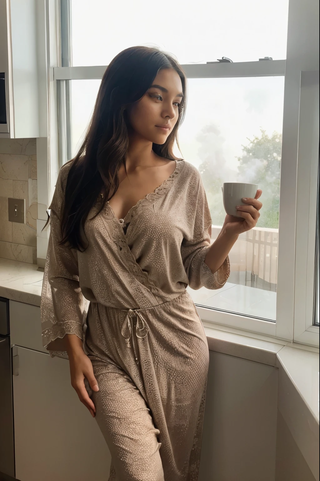 HDR 10, beautiful Indian model girl, detailed eyes, detailed lips, very long hair, black hair, ultra detailed texture, coffee in hand, outdoors, game of thrones, orange heavy dress, (high detailed purple dress:1.5), lace, loops, soft lighting, csitting,