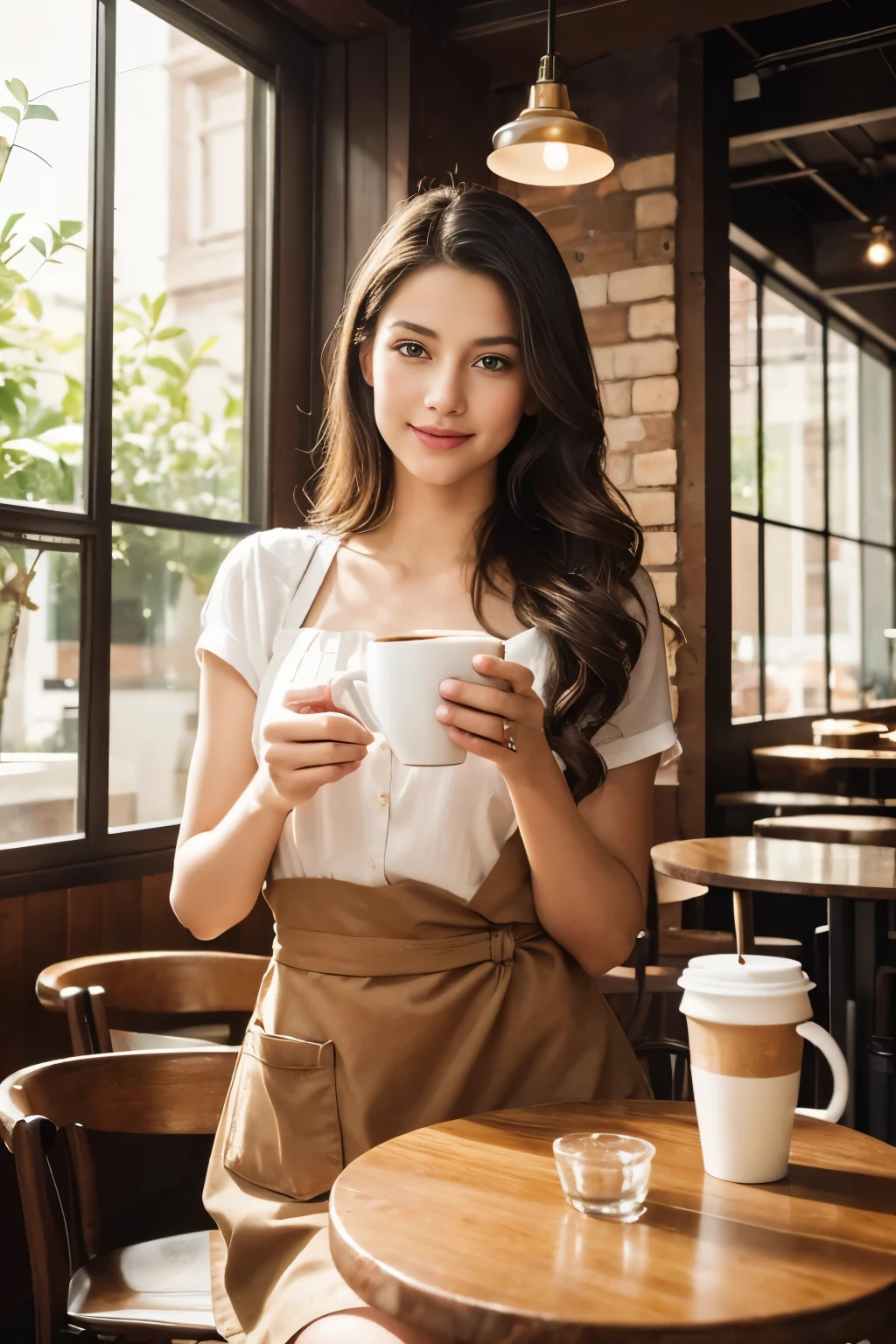(best quality,4k,8k,height,Masterpiece:1.2),very detailed,(realistic,photorealistic,photo-realistic:1.37),Portrait,painting,Biggest girl ,barista in a coffee shop,bar,apron,Starbucks Theme,Naked girl holding a coffee cup,splashing water,stuffy atmosphere,Greenery and lush greenery,Wooden furniture,bokeh light effect,bright colors,The texture is watery and shiny.,mesmerizing eyes,Long eyelashes,delicate facial features,Beautifully detailed lips,Smooth skin,Those eyes shone like the brightest stars.,Charming smile,A charming and confident demeanor,The atmosphere is relaxed and warm.,Coffee making equipment,The aroma of fresh coffee fills the air.,People enjoying drinks in the background.,Indoor seating area with comfortable chairs and table.,artistic decor and paintings on the walls,Expressive artwork with images of coffee beans and coffee cups.,The color scheme is pleasing to the eye with warm tones.,The soft, dreamy light creates a magical atmosphere..