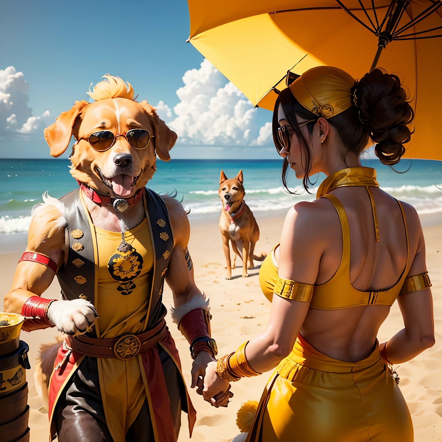 humanoid ((( dog ))) , ( rey ) , (( dog fur )) , ( Sun Wu Kong) Llevando una corona de oro, gafas de sol y ( Traje rojo monje ) , ( parrillaing bananas) , ( banana barbicue) , ( parrilla ) , ( fiesta, monjes) , playa , Palmas -- AR 1:1