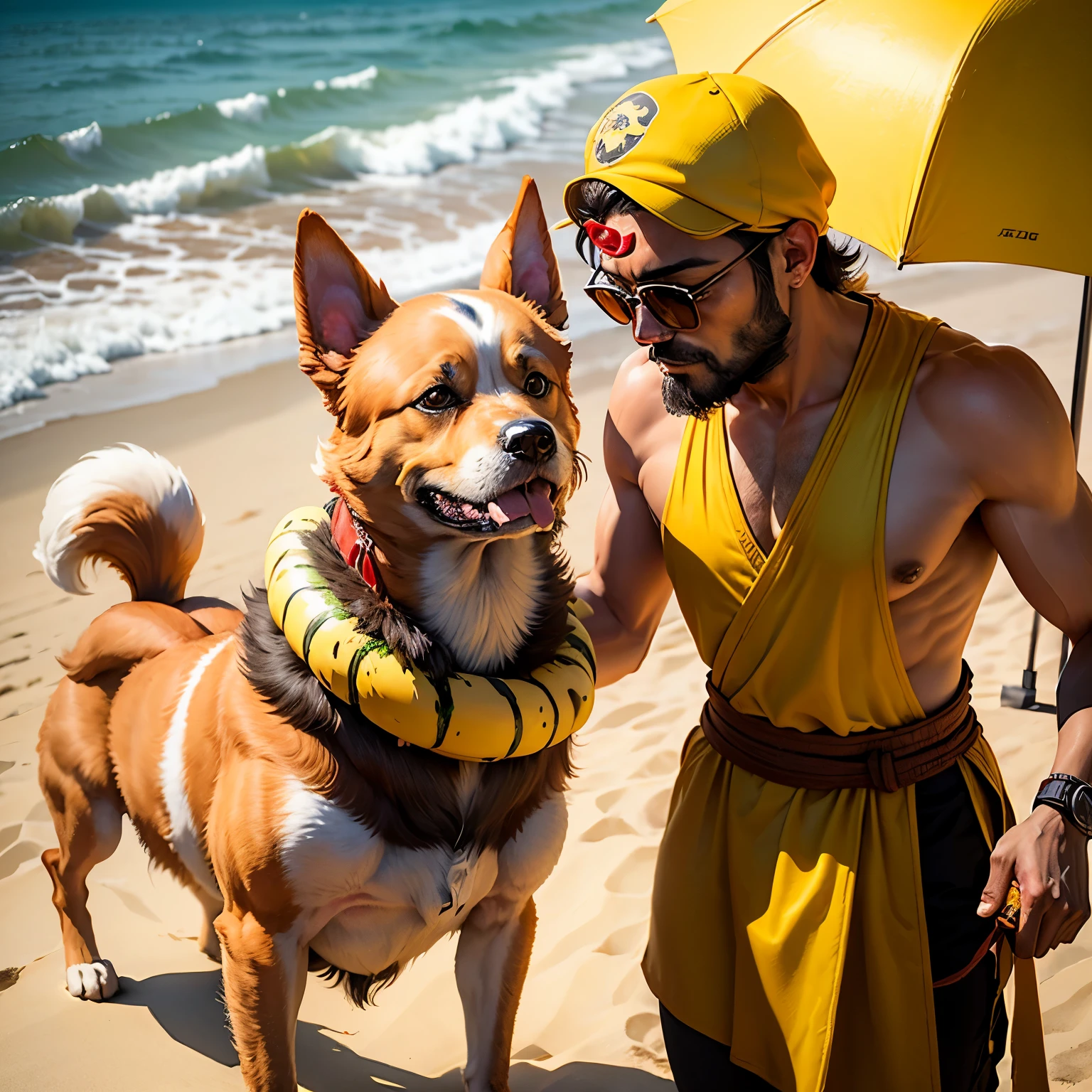 humanoid ((( dog ))) , ( rey ) , (( dog fur )) , ( Sun Wu Kong) Llevando una corona de oro, gafas de sol y ( Traje rojo monje ) , ( parrillaing bananas) , ( banana barbicue) , ( parrilla ) , ( fiesta, monjes) , playa , Palmas -- AR 1:1