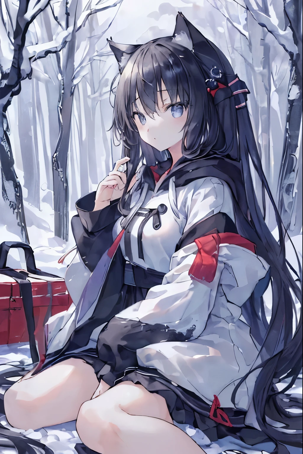 (masterpiece, The highest quality質, The highest quality質, official art, beautiful and aesthetic:1.2), (1 girl:1.3), (fractal art:1.3), cat ear style hoodie,wide sleeve,、in the forest、winter、alone、lonely、monochrome、grayscale、snow blowing、one girl、masterpiece、best image quality、The highest quality