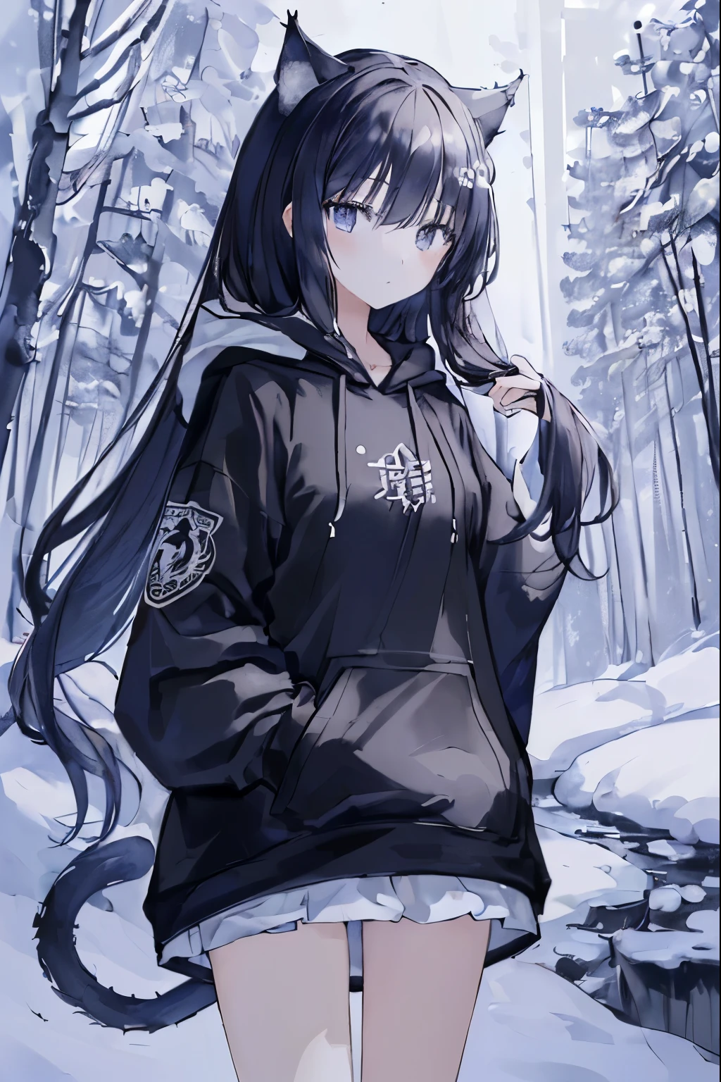 (masterpiece, The highest quality質, The highest quality質, official art, beautiful and aesthetic:1.2), (1 girl:1.3), (fractal art:1.3), cat ear style hoodie,wide sleeve,、in the forest、winter、alone、lonely、monochrome、grayscale、snow blowing、one girl、masterpiece、best image quality、The highest quality