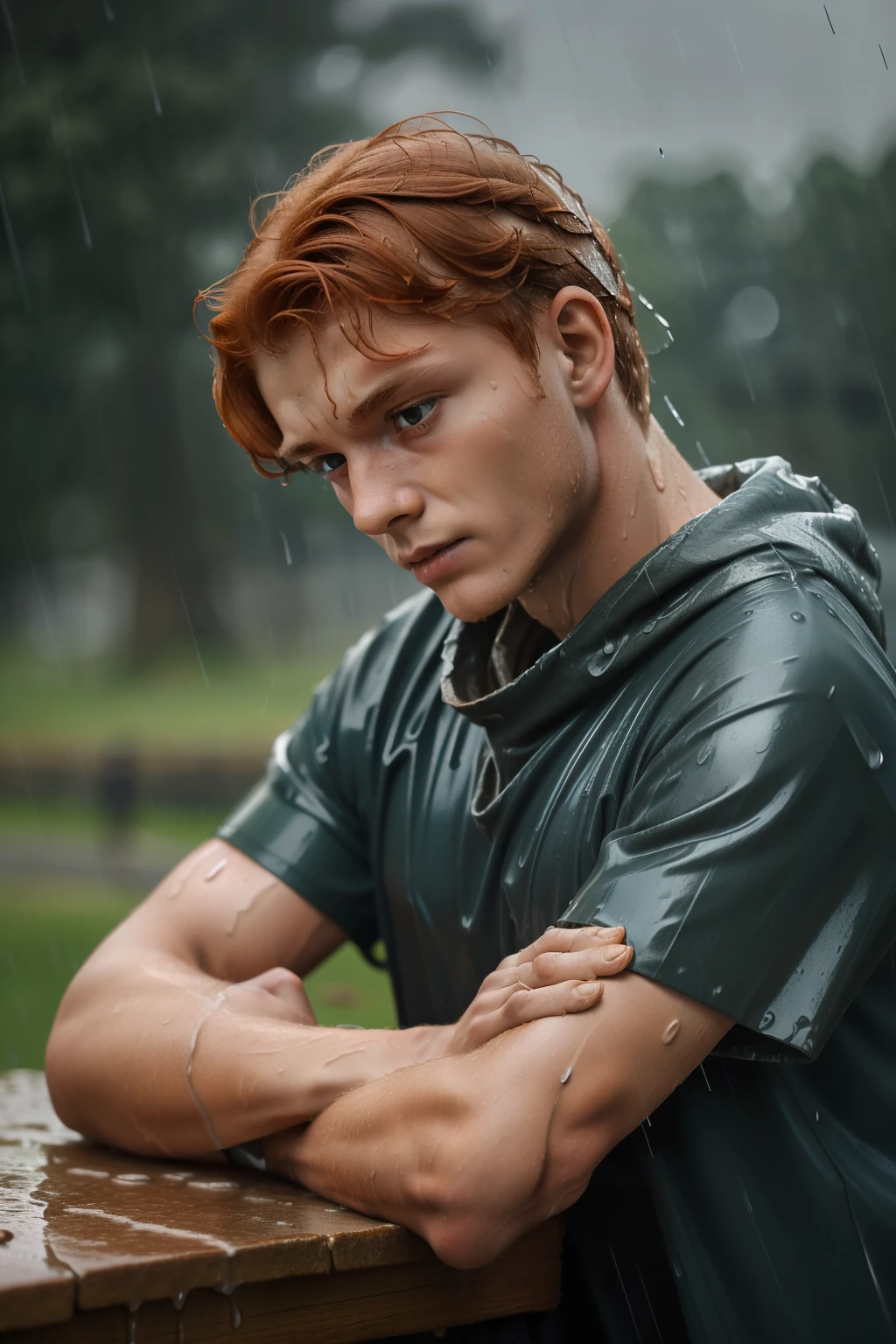 England, 1337. A young ((((16-year-old)) Wulfric)), rustic boy, strong, angular features, serious, kind, under ((((pouring rain)))), ((((sad expression)))). ((((clothings from the 1300s)))), ((ginger hairstyle of the 1300s))