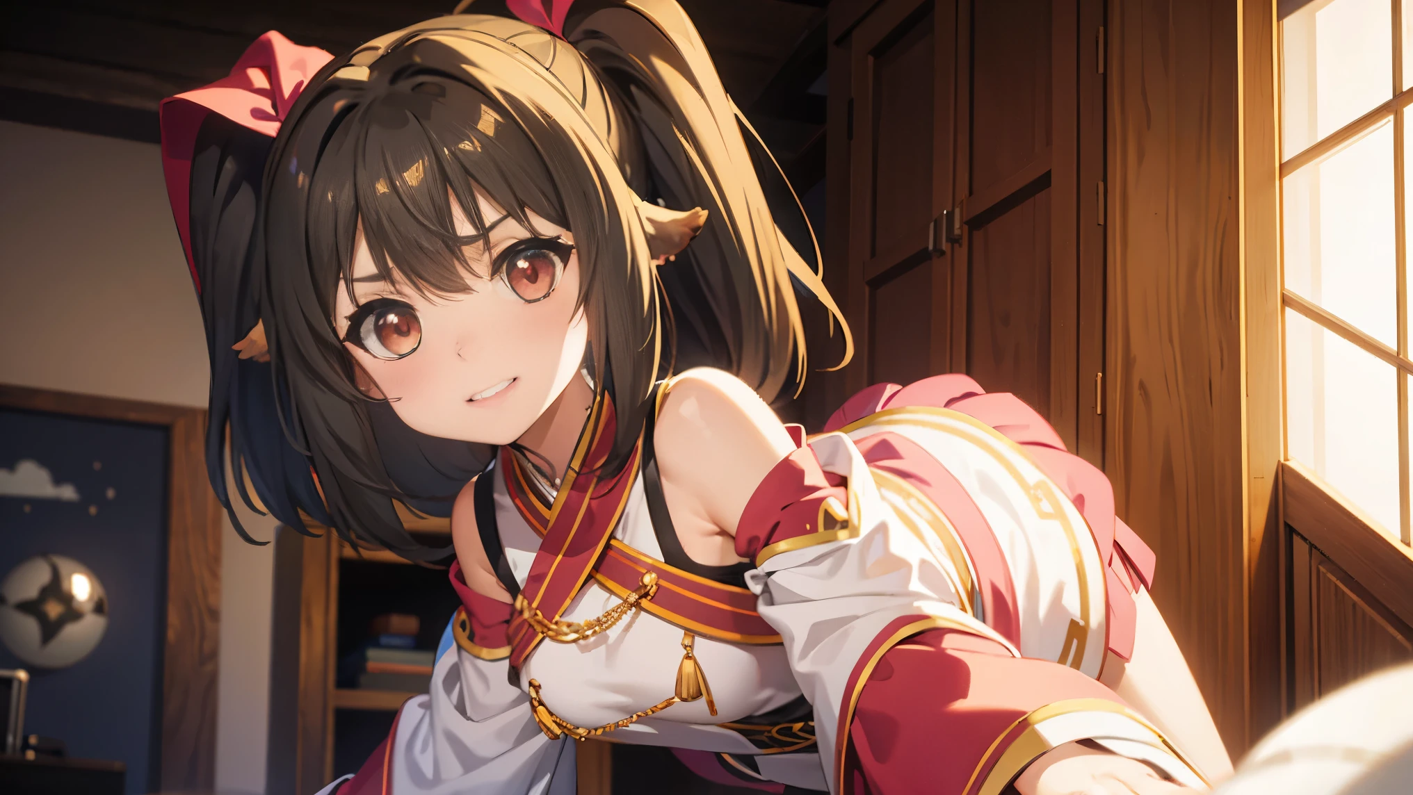 What is sung,Nekone,long hair,brown hair,(red eye:1.3),ribbon,animal ears,twin tails,ヘアribbon,mole,目の下のmole,micro mini skirt,detached sleeve,off shoulder,sticking out one&#39;s shoulders,Navel exposed,shy smile,blush,inn room