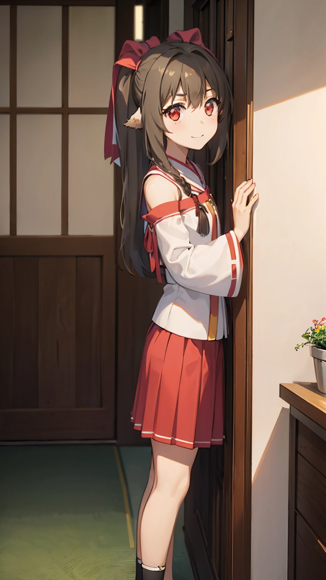 What is sung,Nekone,long hair,brown hair,(red eye:1.3),ribbon,animal ears,twin tails,ヘアribbon,mole,目の下のmole,mini skirt,detached sleeve,off shoulder,sticking out one&#39;s shoulders,shy smile,blush,inn room