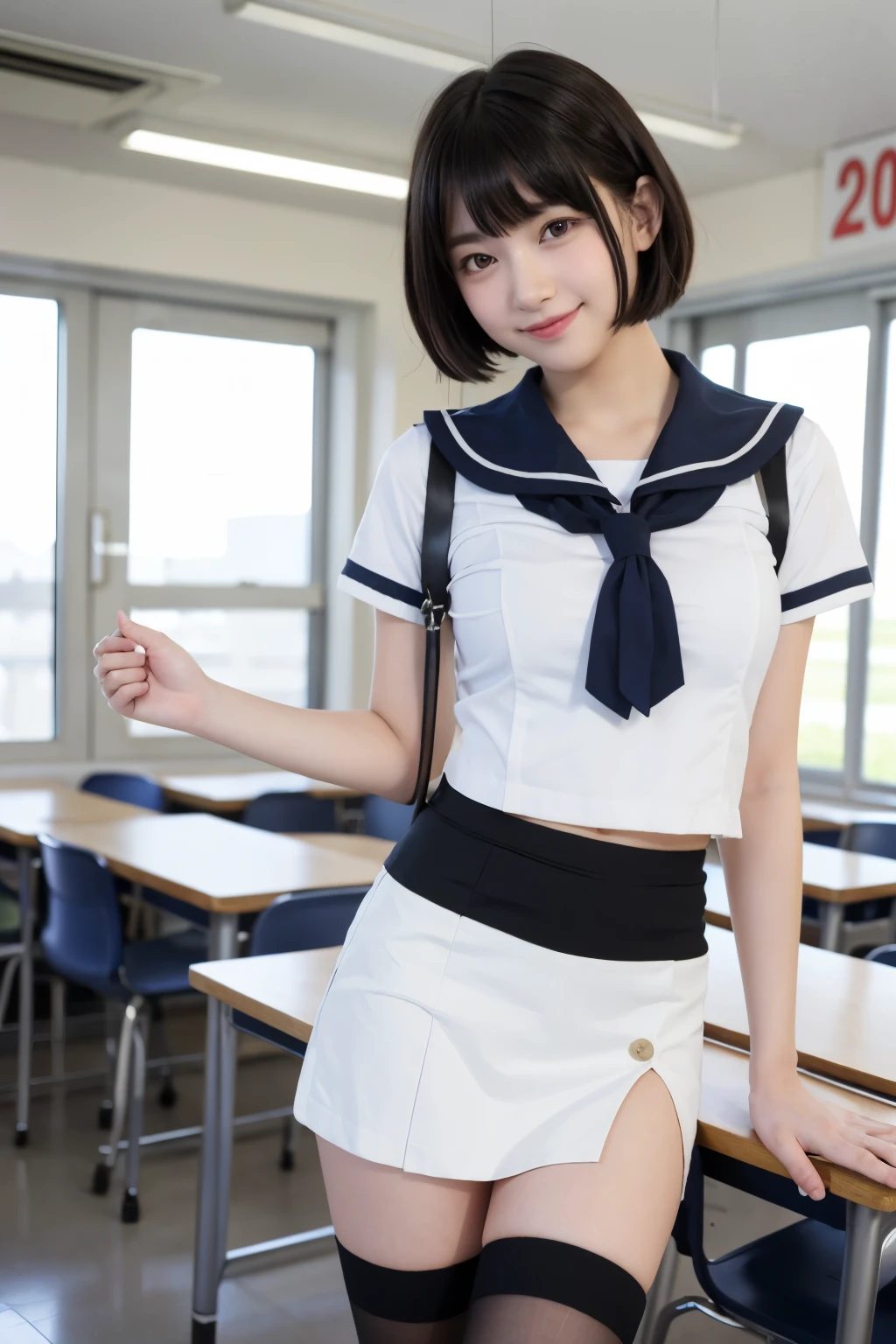 A girl standing in a school classroom,white sailor shirt and navy miniskirt,むちむちなthighs,18-year-old,bangs,a little smile,thighs,share,knees,short cut hair,Low - Angle、black knee highs