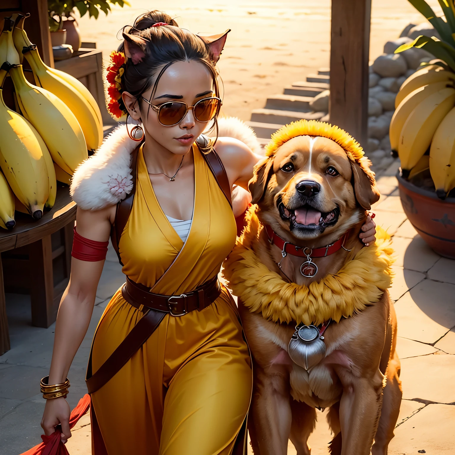 humanoid ((( dog ))) , ( rey ) , (( dog fur )) , ( Sun Wu Kong) Llevando una corona de oro, gafas de sol y ( Traje rojo monje ) , ( parrillaing bananas) , ( banana barbicue) , ( parrilla ) , ( fiesta, monjes) , playa , Palmas -- AR 1:1
