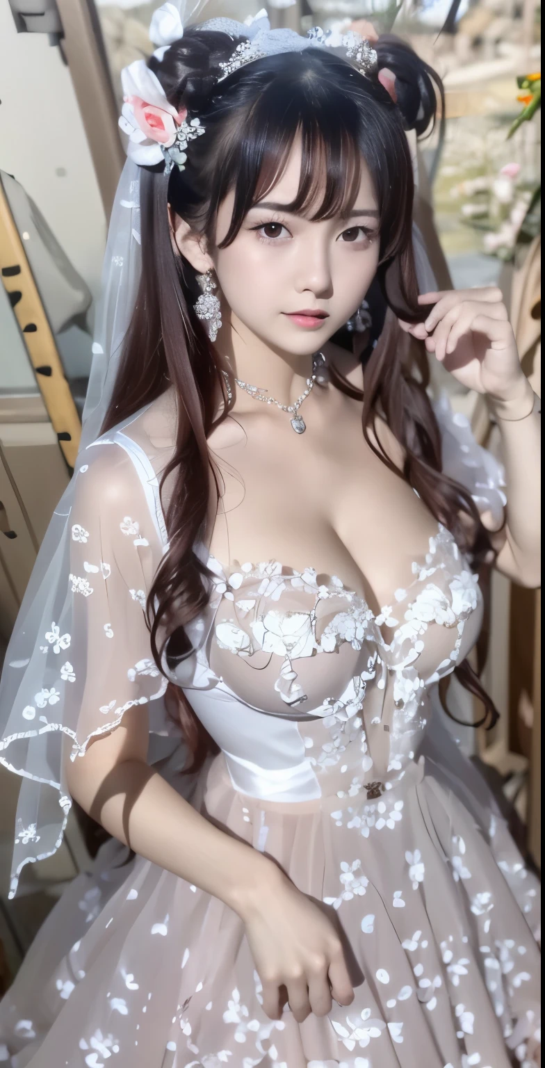 (((Pixel perfect, Perfect details))), alone, 1 girl, yuigahama yui,  Close-up of beautiful bride wearing beautiful wedding dress,Gurwitz, (bridal veil:1.5），（transparent short veil：1.5），blush，eye shadow，Blushing face，Head flower，headgear，bouquet，（tube top wedding dress：1.5），（silk dress：1.2）,（strapless wedding dress：1.5）,pure white dress，necklace，earrings，(large breasts:1.3)，Bangs，lipstick，（White long elbow gloves：1.4）,whole body照,High-detail RAW color art,White long skirt，whole body，(standing on the railroad tracks:1.3),18 years old, （long twintails：1.5）,(double bun:1.5), black hair
