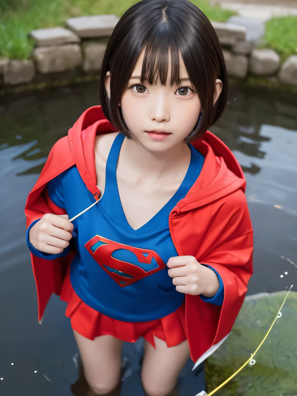  squats in a pond wearing Supergirl clothes.、Be patient with peeing、Spreading black hair、bob cut with trimmed ends、(flat chest)、lolicon、Highest、short sleeve、red cloak、(whole body)、embarrassing、10 years old、
break, extrransparency, (symmetrical eyes:1.3),
break, (temple, bell:1.3),
break, (masterpiece, Highest品質, Super detailed, 8k)