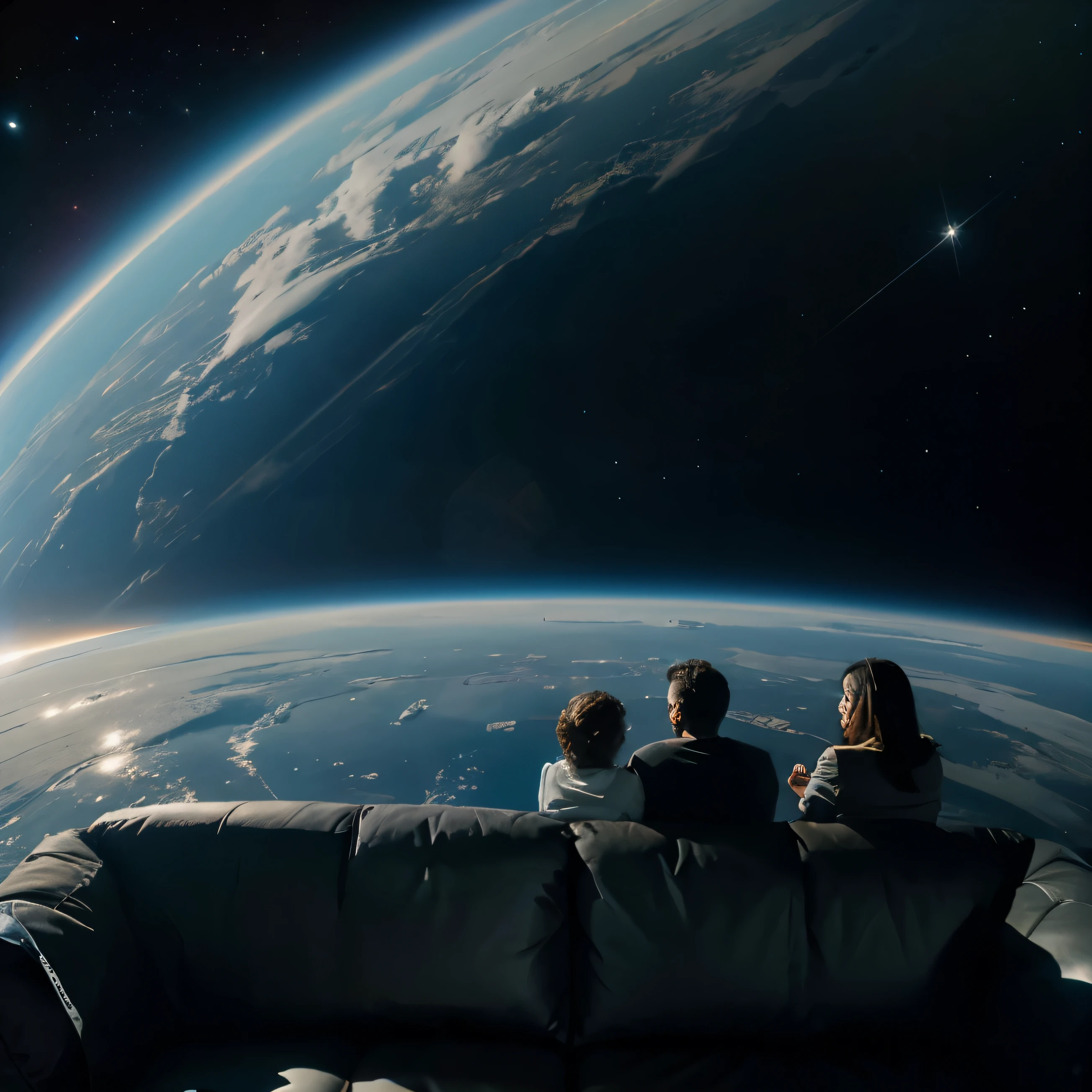 flying sofa in space ,sofa in cosmos, a family sit on the sofa ,family watch in cosmos, the sofa is on back view, sofa in space ,realistic bodies, 8k,
