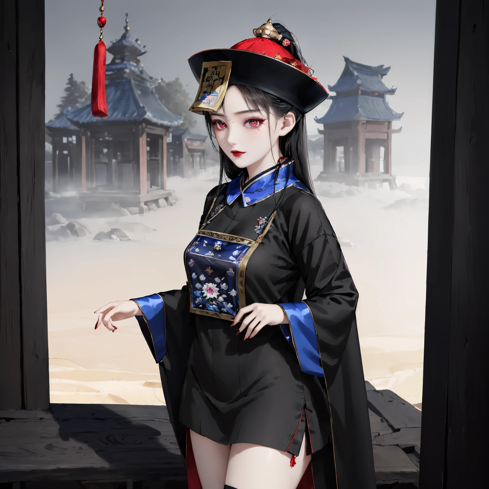 ((masterpiece)), ((best quality)), 8k, high detail, Super detailed, intricate details, illustration, fantasy, Surrealism, ((1 girl:1.2)), alone, Describe the Chinese-style Jiang girl,  Jiang&#39;s girl clothing, (The imperial paper on the head), dressed in traditional garments, (night setting:1.2), (Ancient village ruins:1.1), (weird atmosphere), Chiang girl pose, (old charm:0.8),Detailed description, (Moonlight night), (mysterious mist), (traditional charm), (delicate eyes:1.1), (black hair), (pale skin), (red lips), balanced composition, lights under moonlight, Visual effects with eerie details, Maxon Cinema 4D,extra large breasts，exaggerated movements