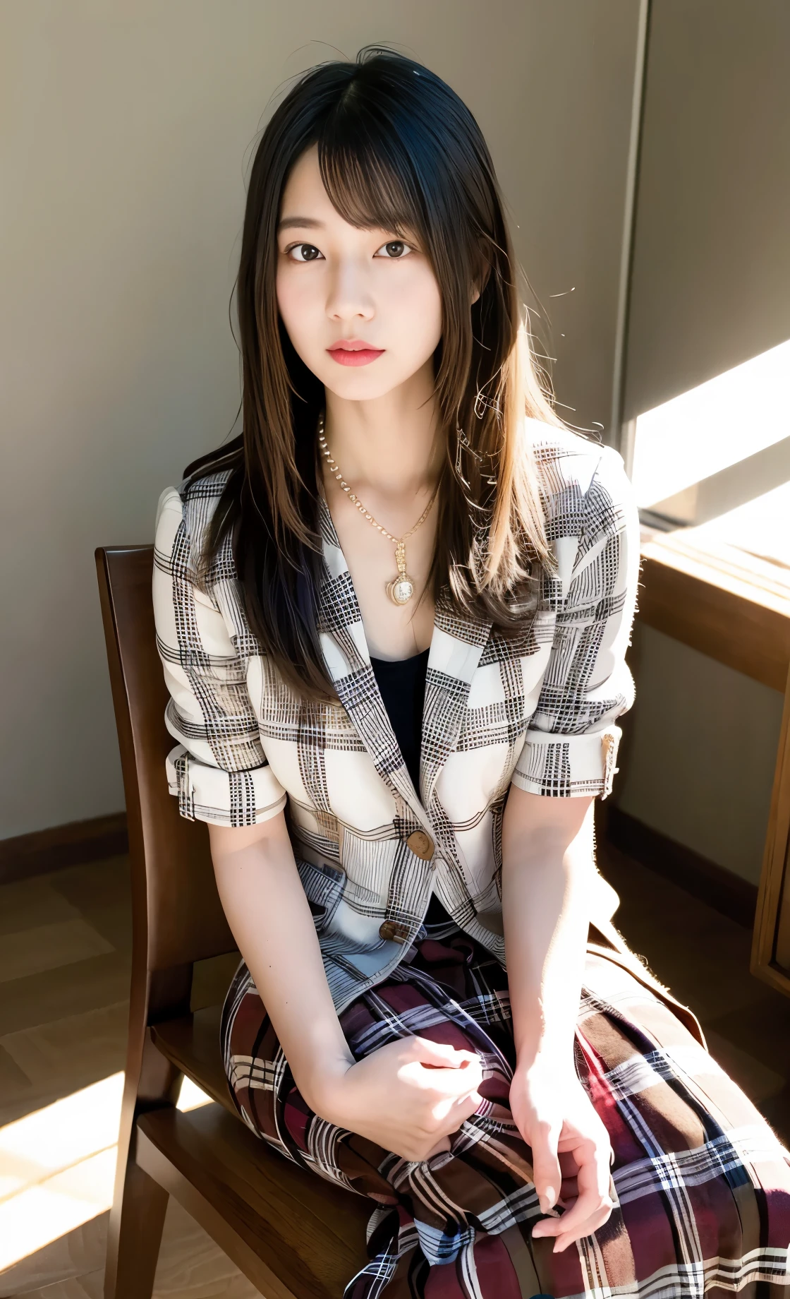 adventure, girl, realistic, RAW photo, highest quality, (perfect anatomy), (looking at the viewer:1.2), (Depth of the bounds written:0.6), sit on a chair、antique wooden chair、whole body, (in the room. white background), 18-year-old, (flat chest:0.7), stunning face, whole body, (blazer、金の刺繍のblazer, plaid long skirt:1.25), (slender body:0.2), beautiful feet、pearl necklace、fashion model standing、whole body, (Brown straight medium hair), (freckles, mole:0.7), illuminate the subject、rim light, Fair skin, 