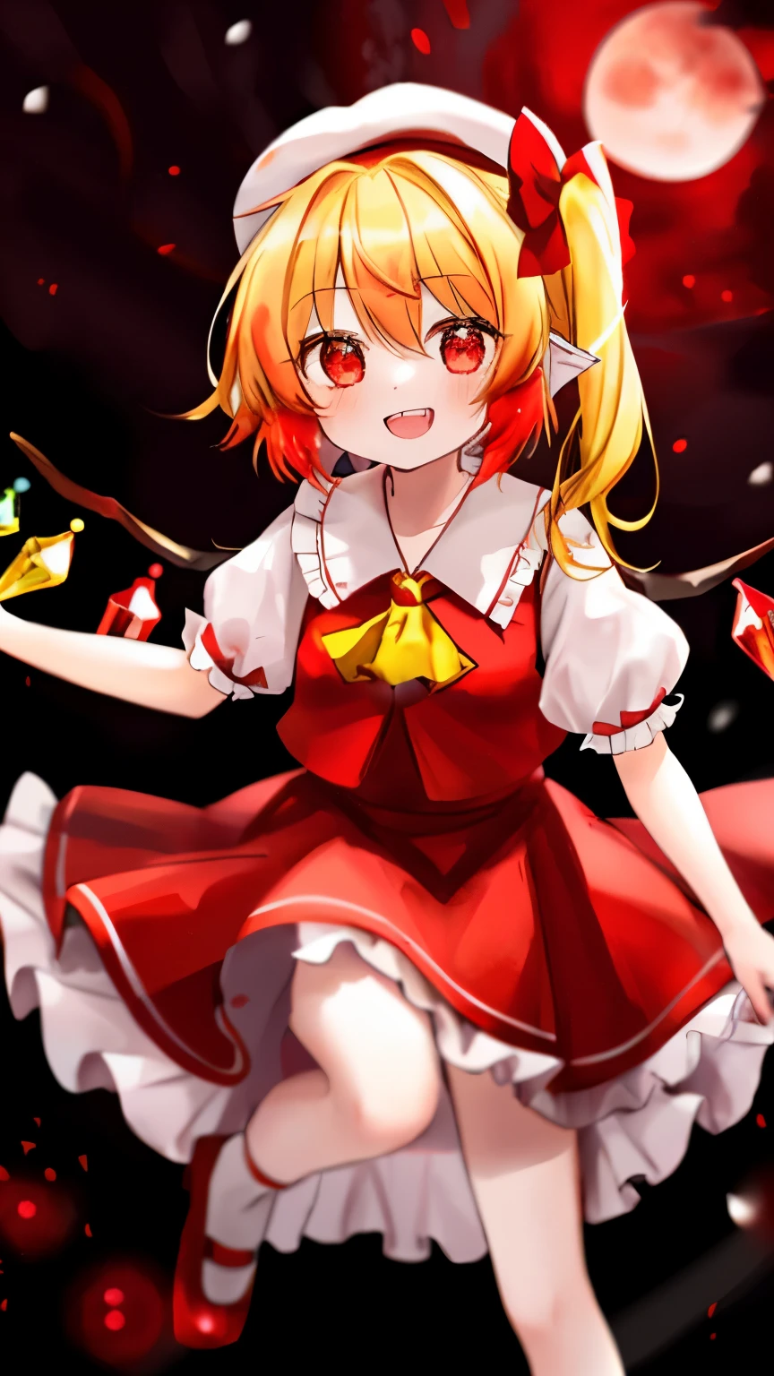 1girl,(flandre scarlet), blonde hair,red eyes, mob cap, hair bow, bowtie, side ponytail, wings, short sleeves, vest, ascot,(glowing eyes),night,(red moon:1.4)),red cloud,nature,grin,excited,red moonlight,open mouth,red fogs,fang,aerial