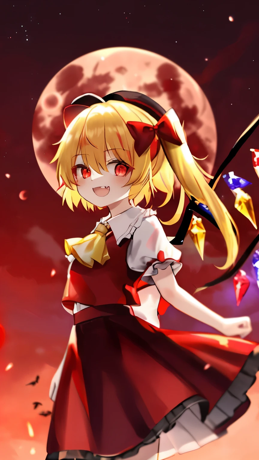 1girl,(flandre scarlet), blonde hair,red eyes, mob cap, hair bow, bowtie, side ponytail, wings, short sleeves, vest, ascot,(glowing eyes),night,(red moon:1.4)),red cloud,nature,grin,excited,red moonlight,open mouth,red fogs,fang,aerial