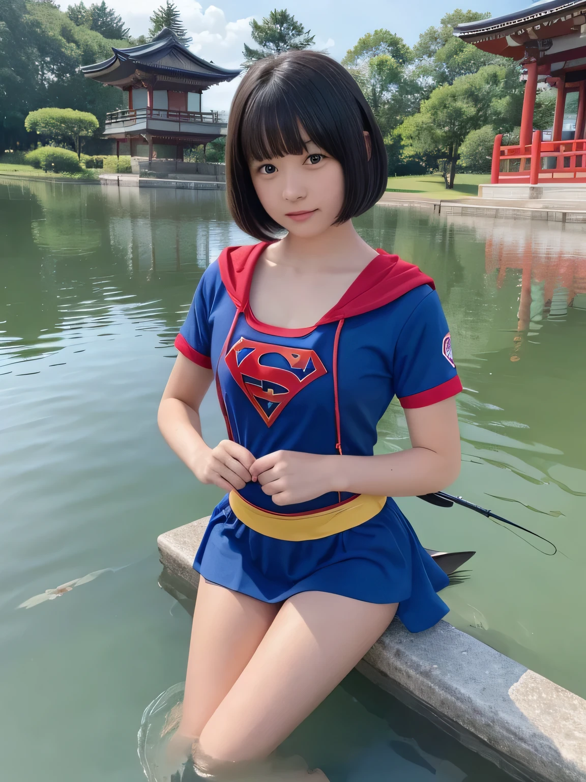 Elementary school student squats in a pond wearing Supergirl clothes.、Be patient with peeing、Spreading black hair、bob cut with trimmed ends、(flat chest)、con、Highest、short sleeve、red cloak、(whole body)、embarrassing、10 yeak, extremely fine transparency, (symmetrical eyes:1.3),
break, (temple, bell:1.3),
break, (masterpiece, Highest品質, Super detailed, 8k)